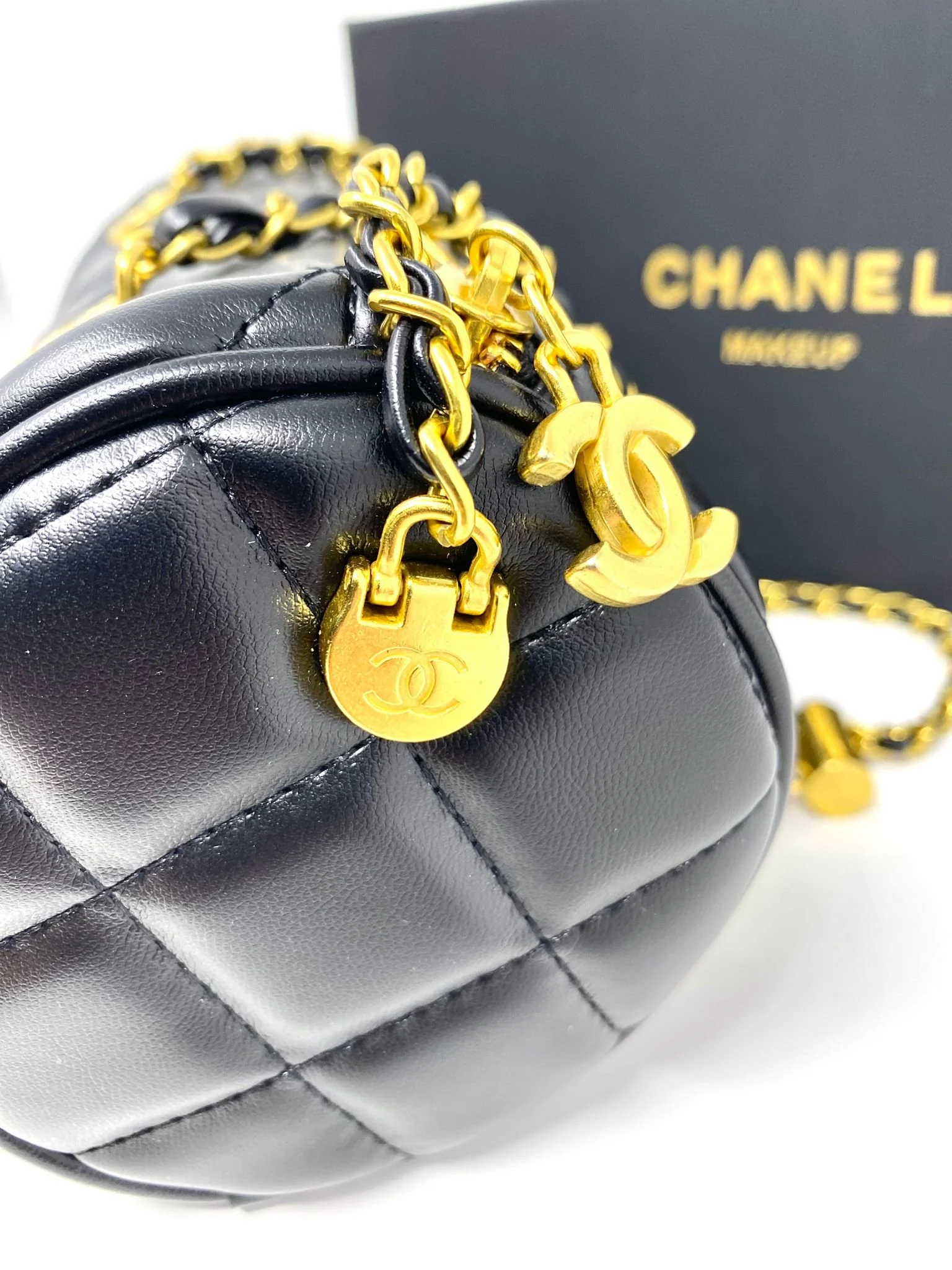 CHANEL Beauty Mini Quilted Cylinder Bag Black Gold Chain Pearl Strap  (VIP Gift) Made in France