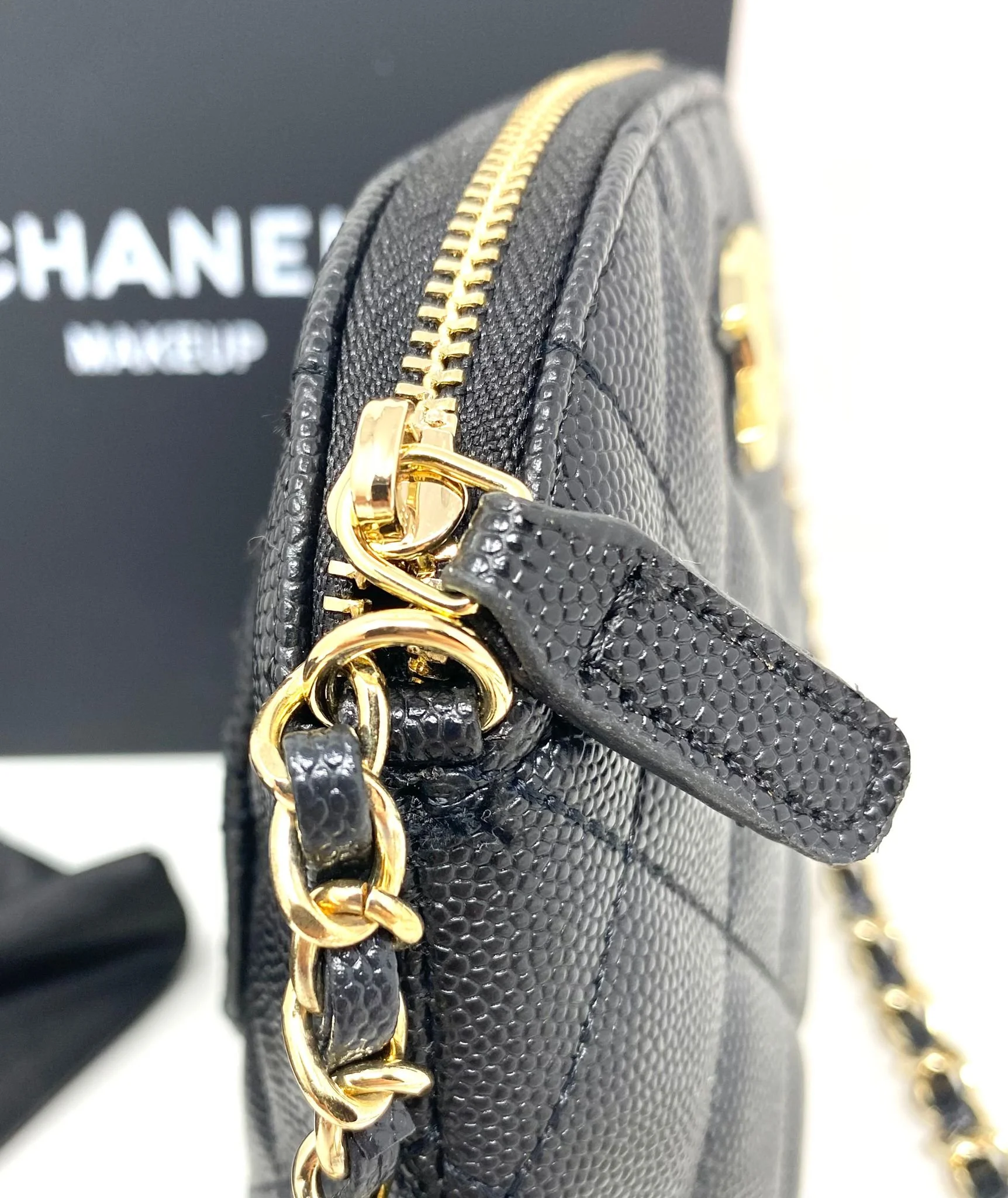 CHANEL Beauty Black Matelasse Quilted Caviar Makeup Bag on Chain (VIP Gift/Box) Made in Italy