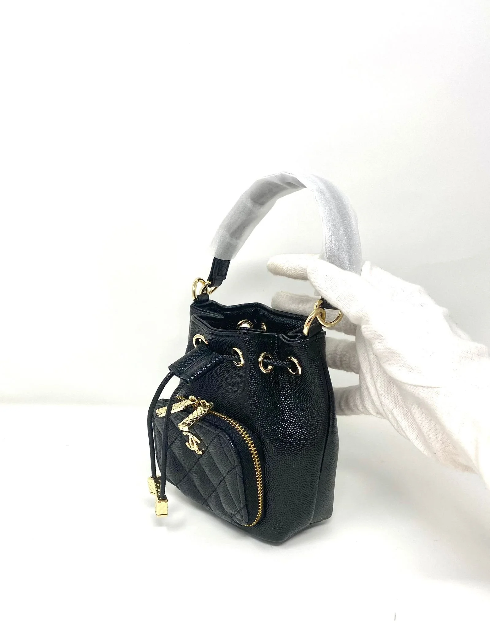 CHANEL Beauty Black Mini Bucket Makeup Bag with Purse Pocket on Chain, VIP Gift with Box, Made in Italy
