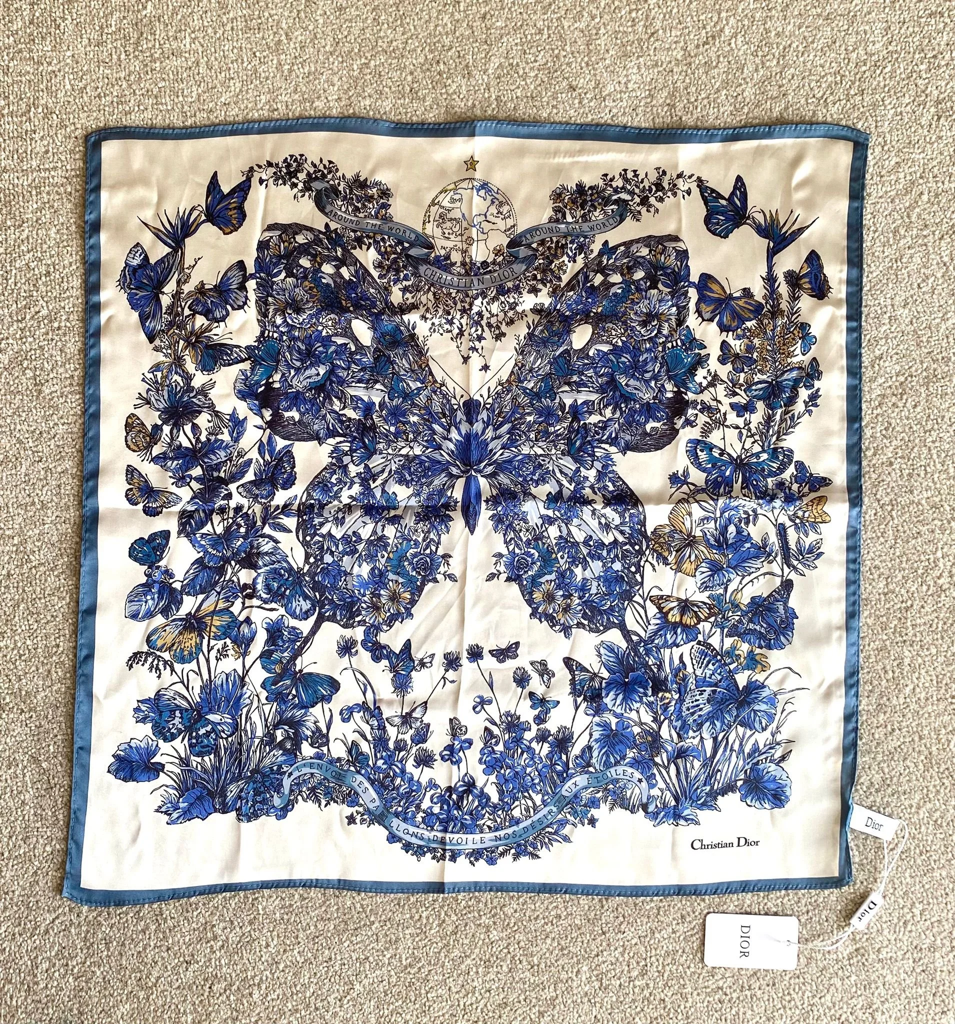 Christian Dior Beauty Blue Butterfly Square 100% Silk Scarf (VIP Gift) Made in Italy
