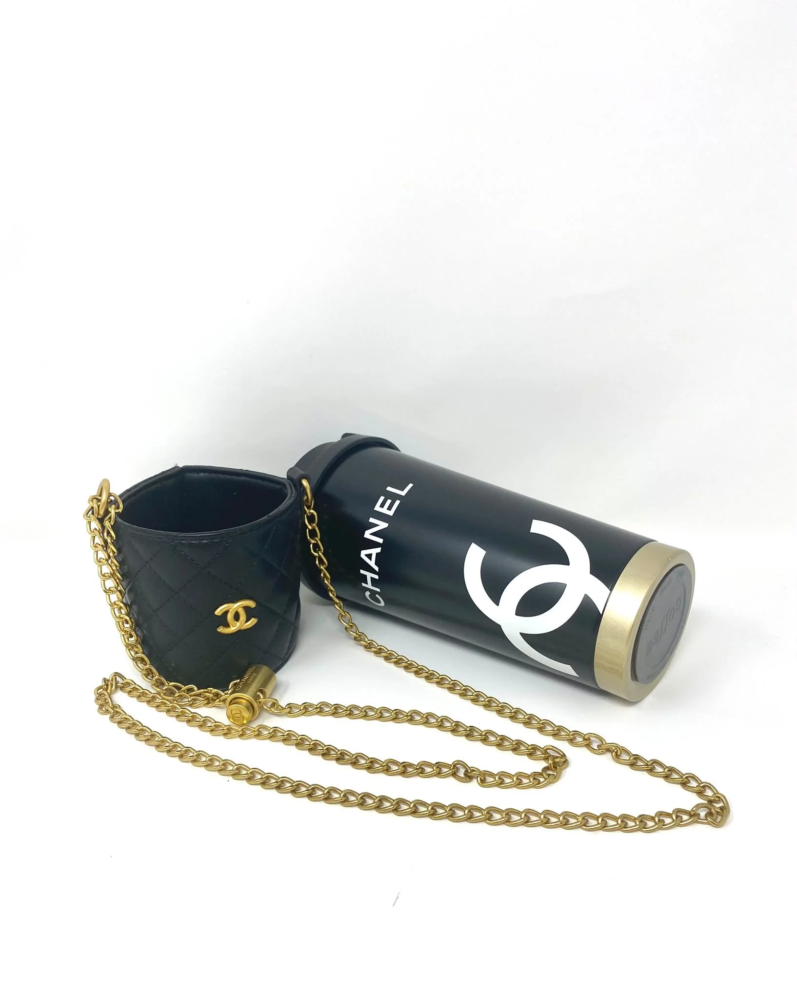CHANEL Beauty Black Thermal Mug & Holder Set with Chain Black Quilted (VIP Gift) with Box