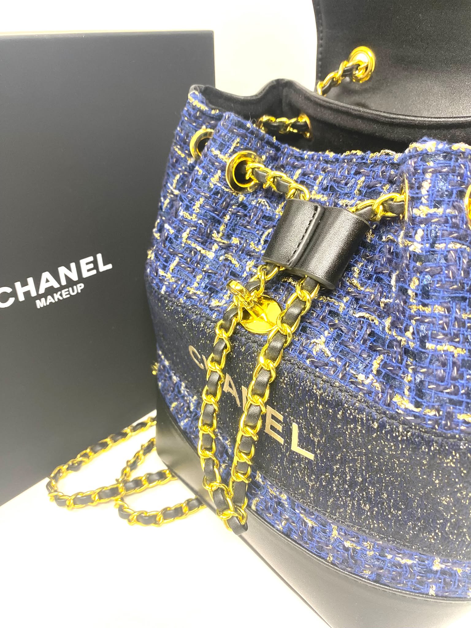 CHANEL Beauty Blue Tweed Drawstring Backpack / Bucket Bag with Gold-Tone Chain (VIP Gift with Box)