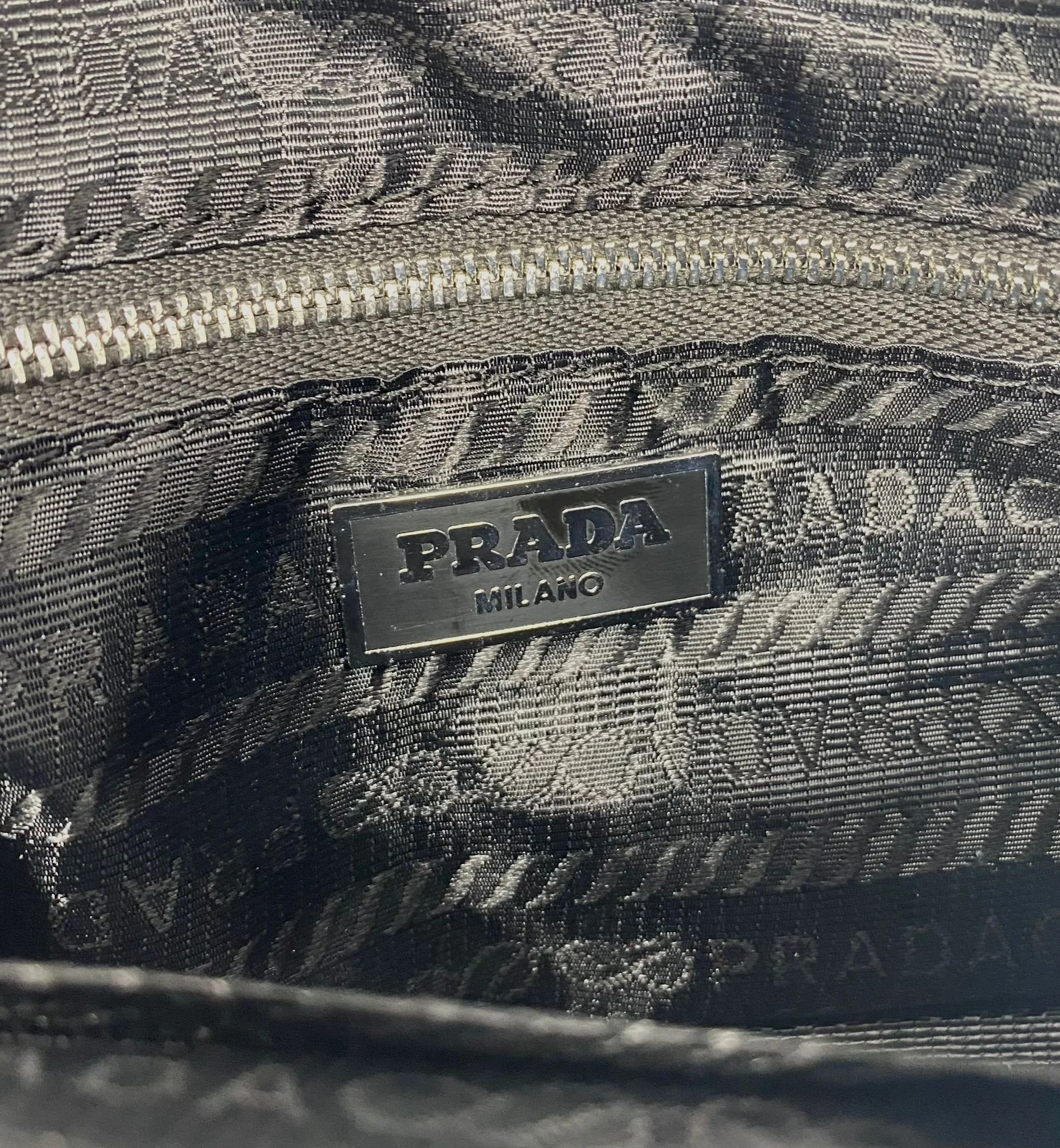 PRADA Milano Denim Shoulder Bag, Blue Canvas Mini Baguette Pochette, Silver Chain Strap, Adjustable Leather Handle, Boxed