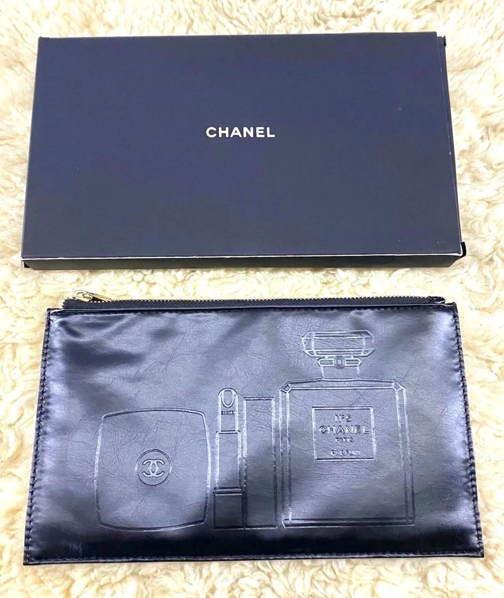 CHANEL Black Beauty Makeup Bag – Limited Edition VIP Gift (with Box), CC Logo Zip, Embossed beauty icons