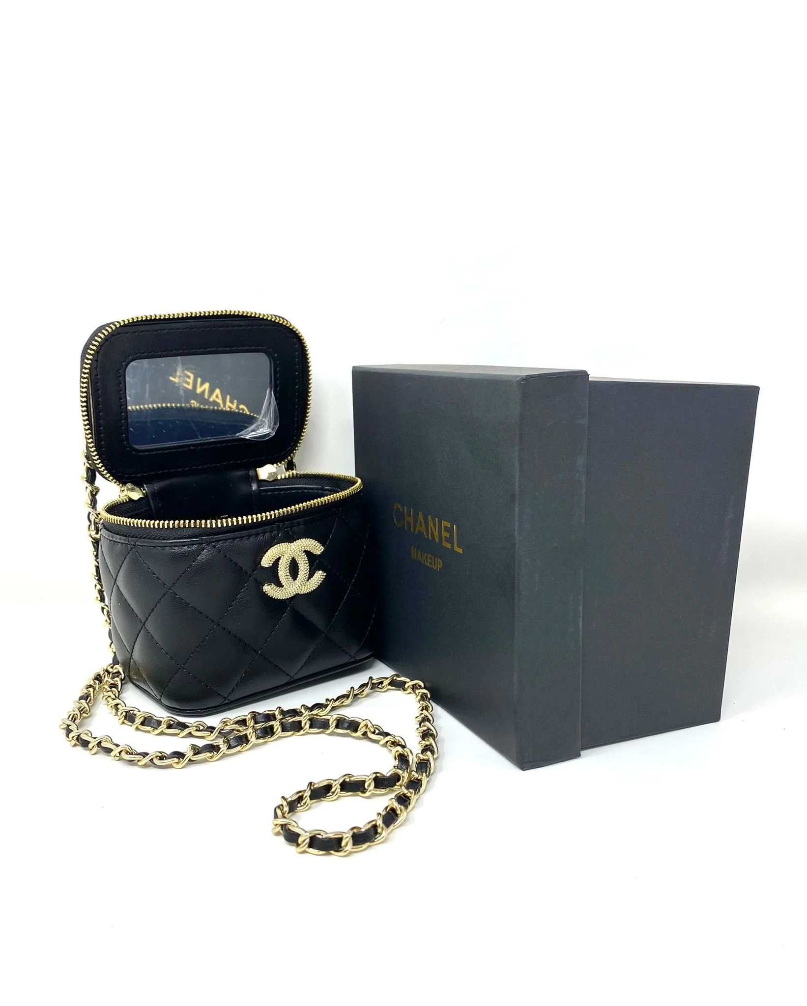 CHANEL Beauty Black Quilted Makeup Bag with Mirror on Chain (VIP Gift) Made in Italy