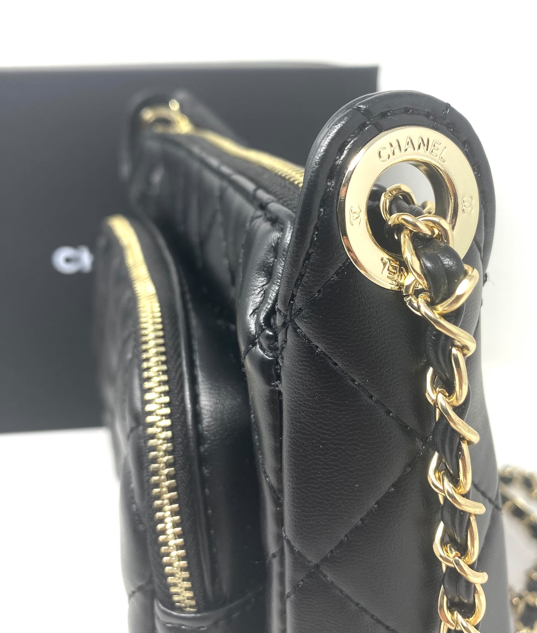 CHANEL Beauty Black Matelassé Quilted Makeup Bag on Chain with Box (VIP Gift) Made in France