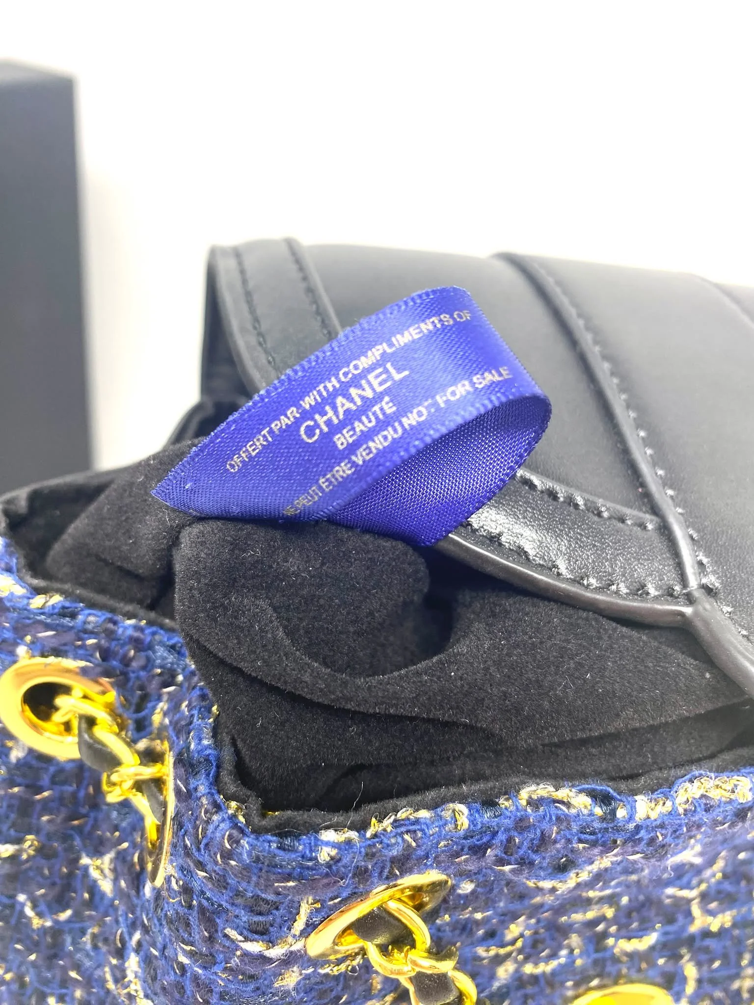 CHANEL Beauty Blue Tweed Drawstring Backpack / Bucket Bag with Gold-Tone Chain (VIP Gift with Box)