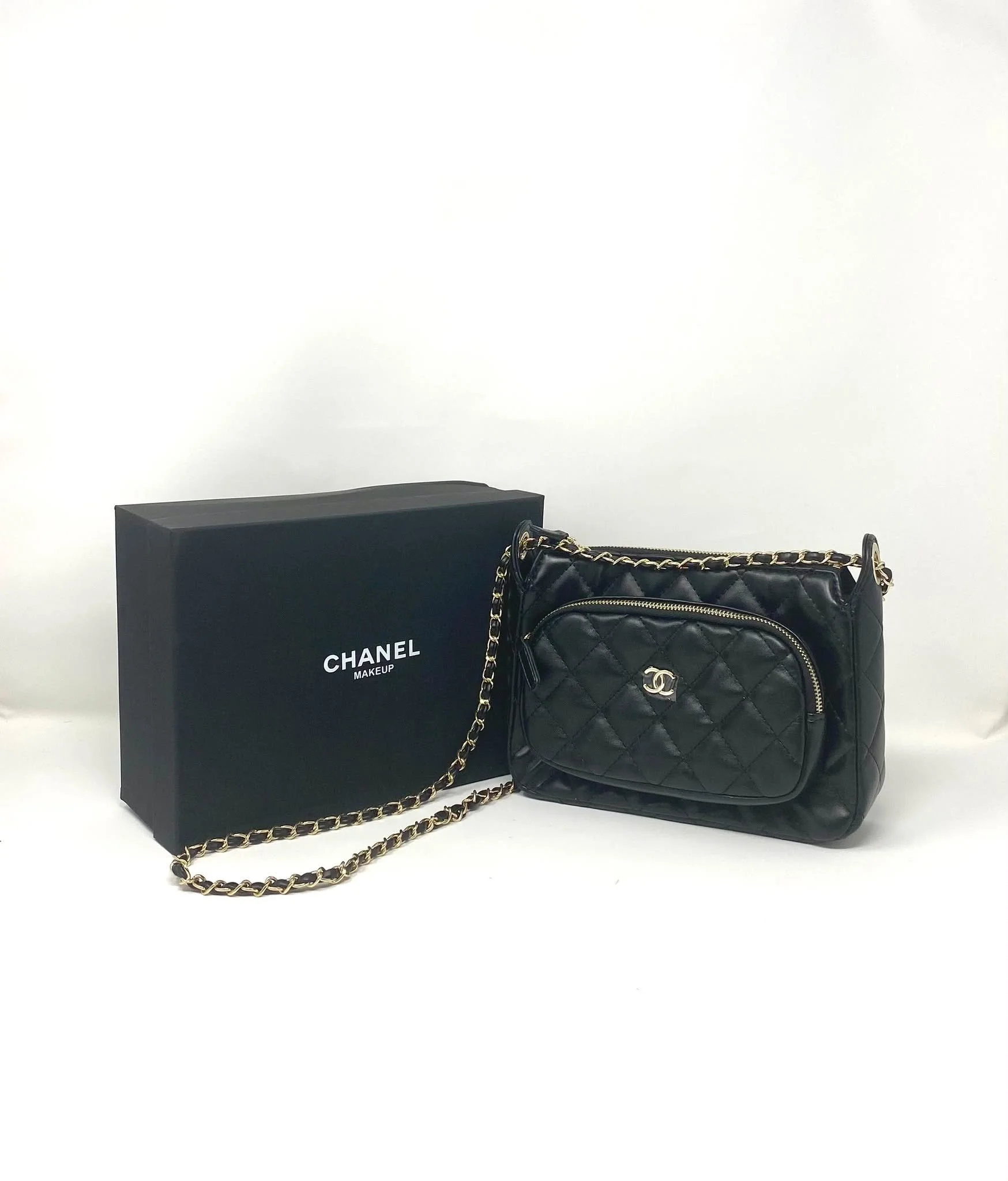 CHANEL Beauty Black Matelassé Quilted Makeup Bag on Chain with Box (VIP Gift) Made in France