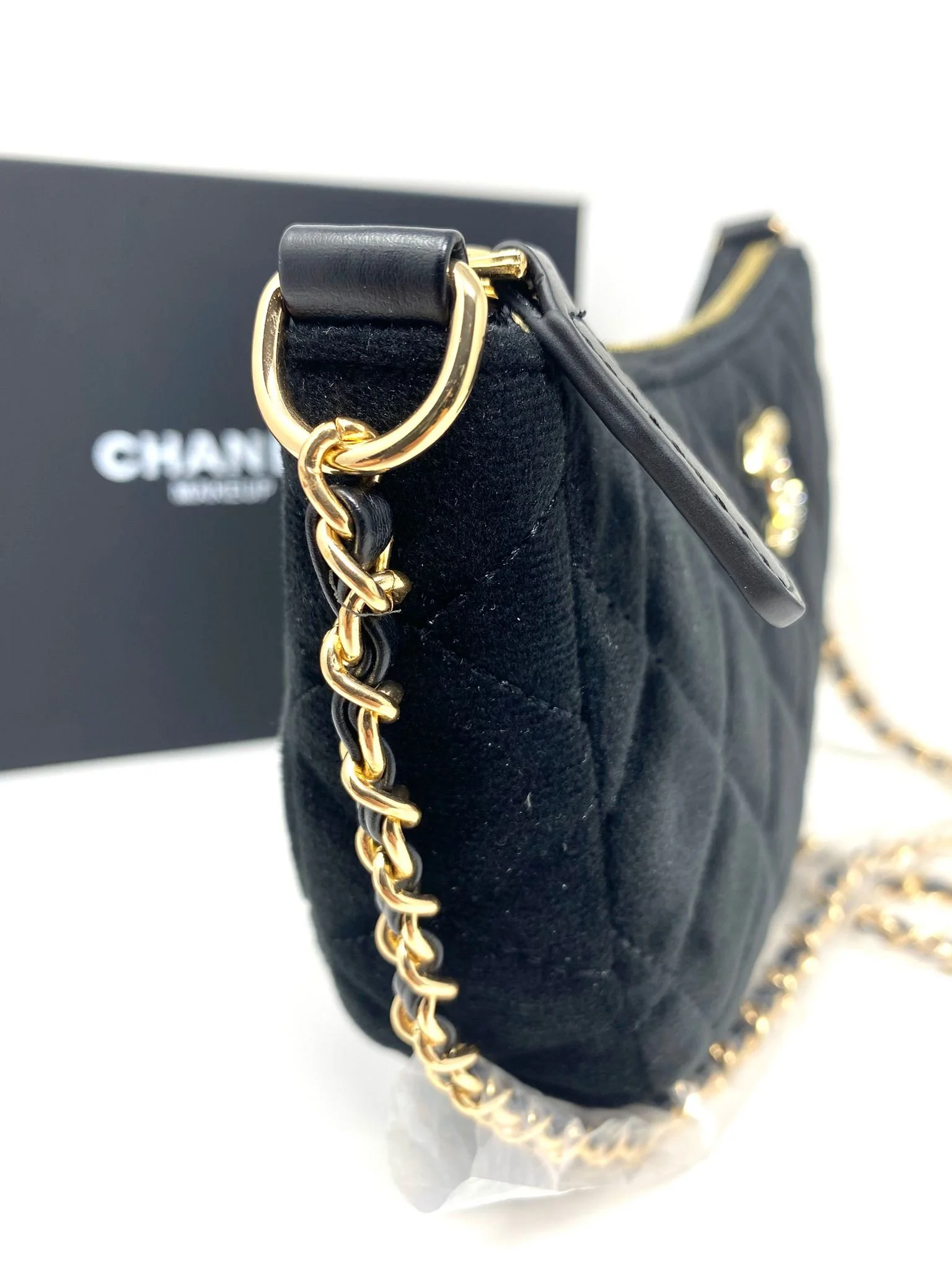 CHANEL Black Velvet Quilted Beauty Makeup Bag on Chain (VIP Gift with Box) Made in Italy