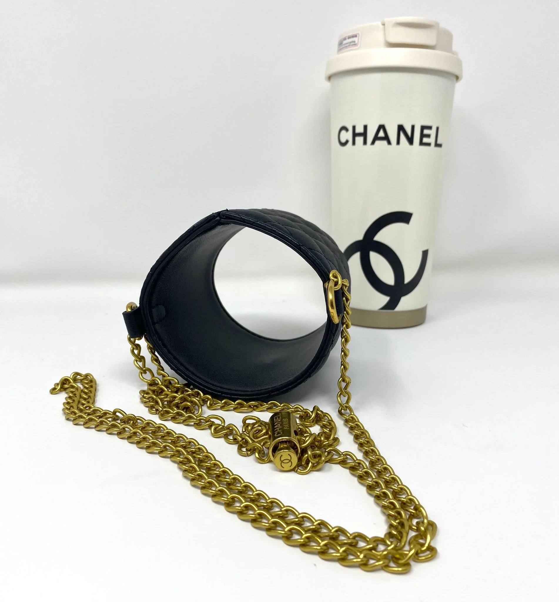 CHANEL Beauty White Thermal Mug & Holder Set with Chain Black Quilted (VIP Gift) with Box