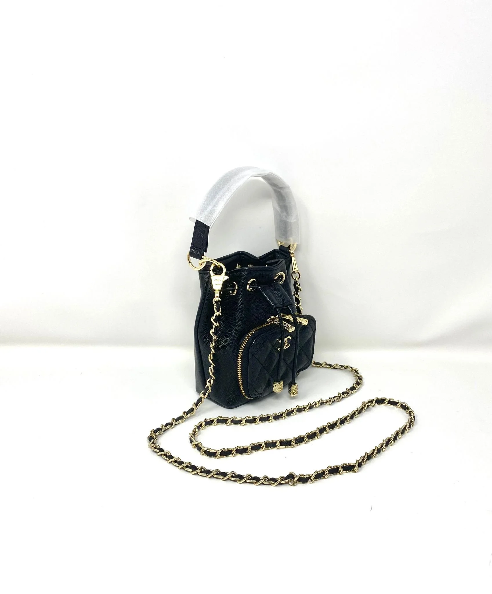 CHANEL Beauty Black Mini Bucket Makeup Bag with Purse Pocket on Chain, VIP Gift with Box, Made in Italy