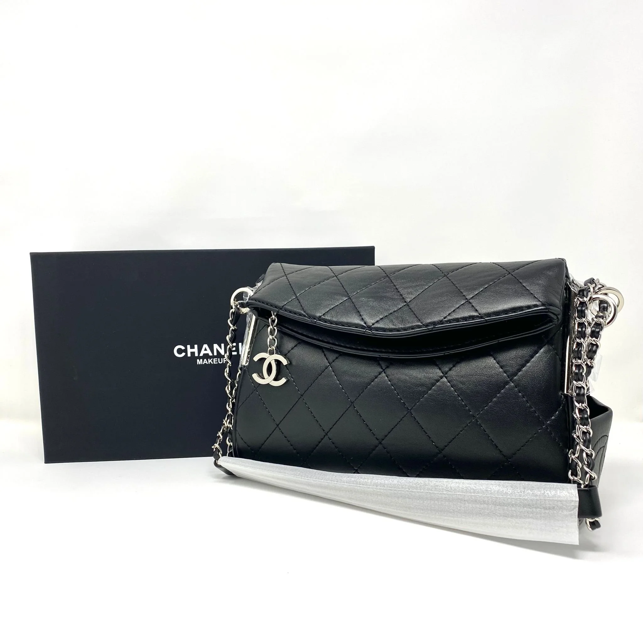 CHANEL Black Quilted Beauty Makeup Bag on Chain VIP Gift With Box Made in France