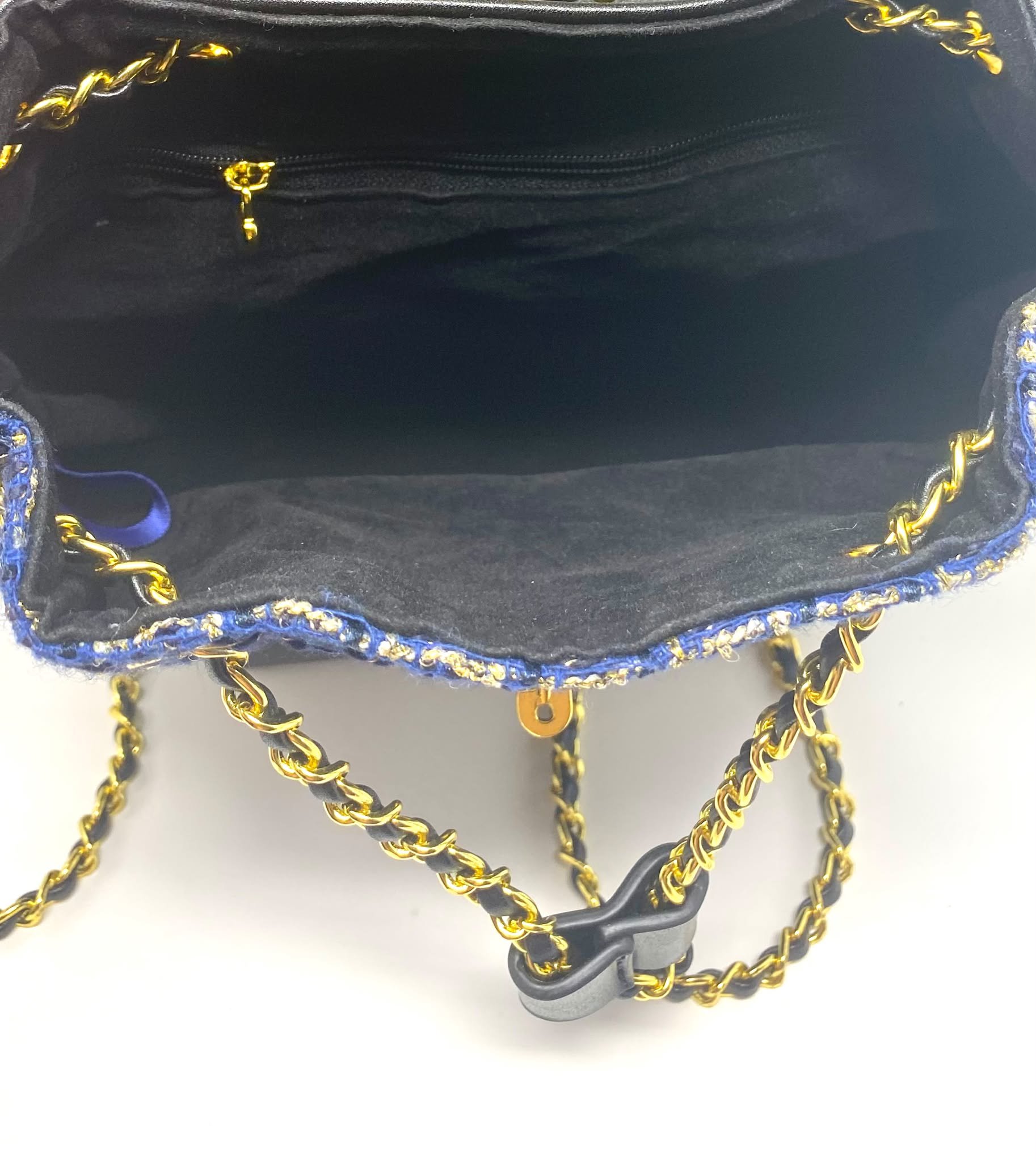 CHANEL Beauty Blue Tweed Drawstring Backpack / Bucket Bag with Gold-Tone Chain (VIP Gift with Box)