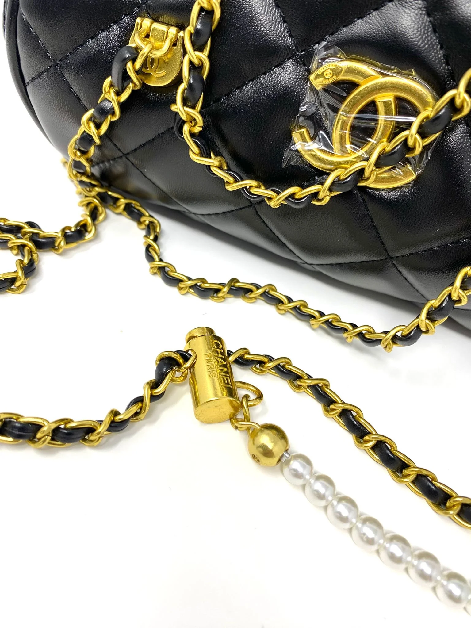 CHANEL Beauty Mini Quilted Cylinder Bag Black Gold Chain Pearl Strap  (VIP Gift) Made in France