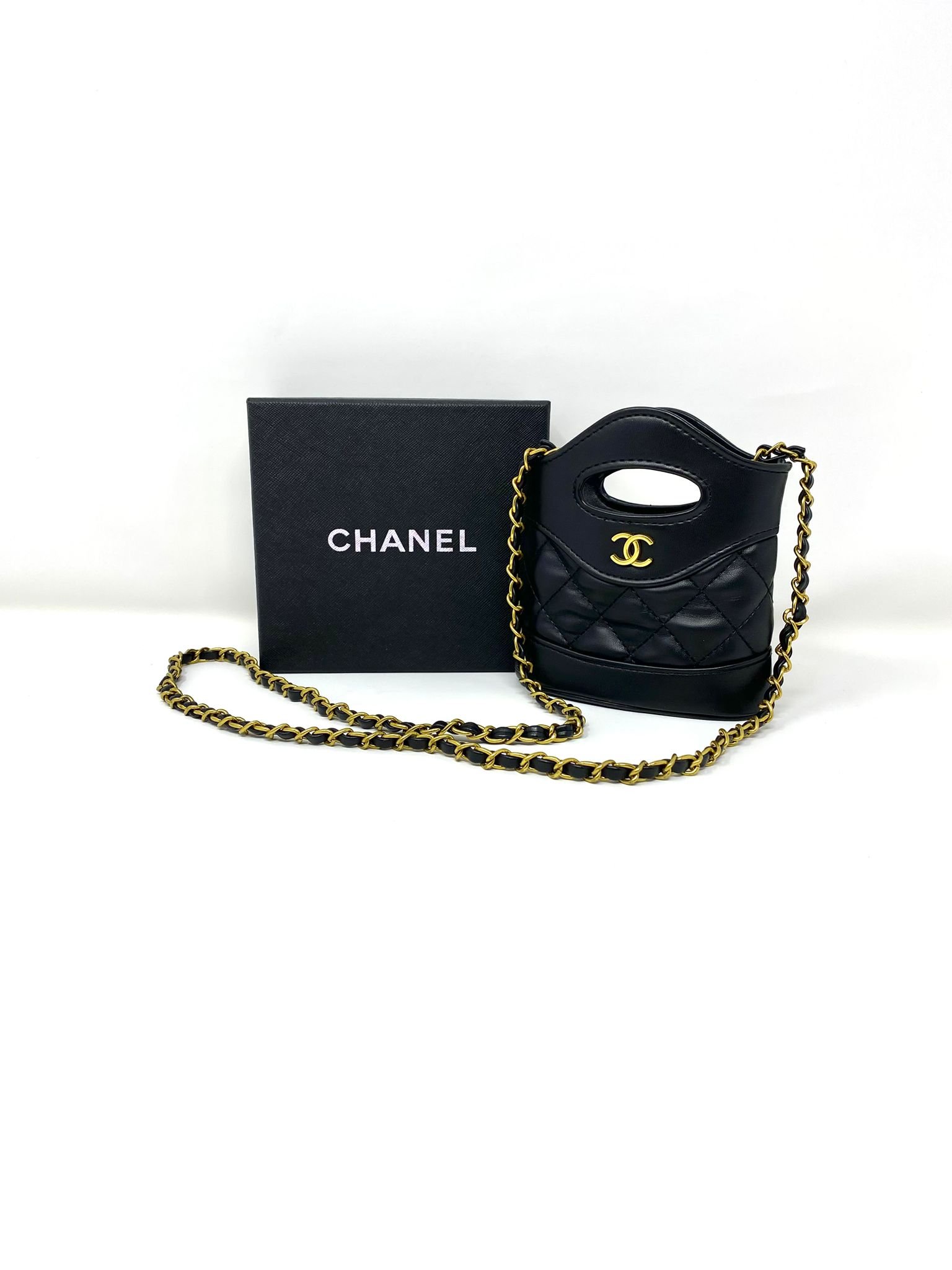 CHANEL Beauty Black Matelassé Quilted Mini Makeup Bag on Chain with Box (VIP Gift) Made in France