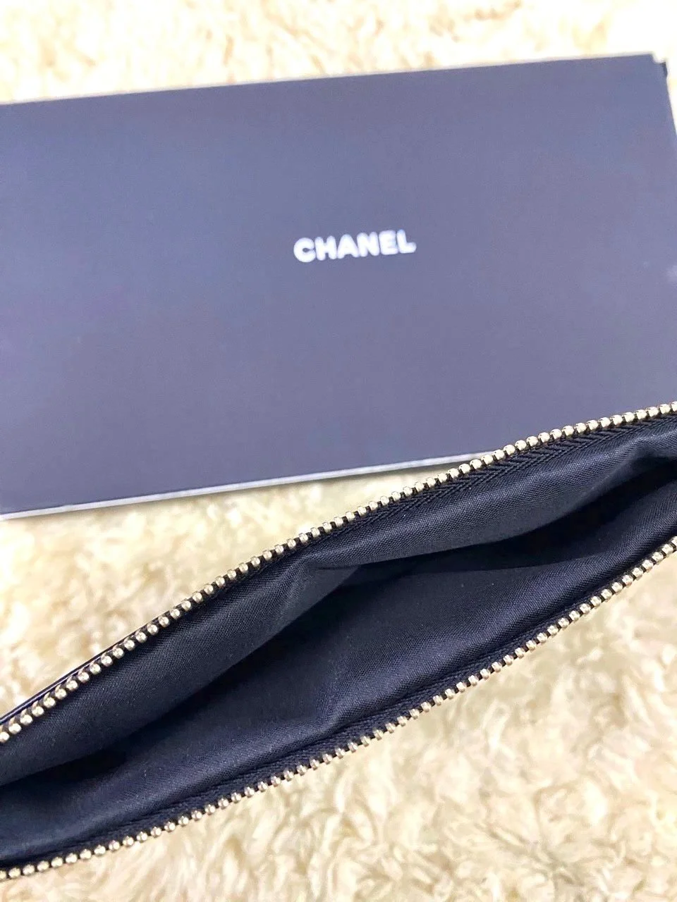 CHANEL Black Beauty Makeup Bag – Limited Edition VIP Gift (with Box), CC Logo Zip, Embossed beauty icons