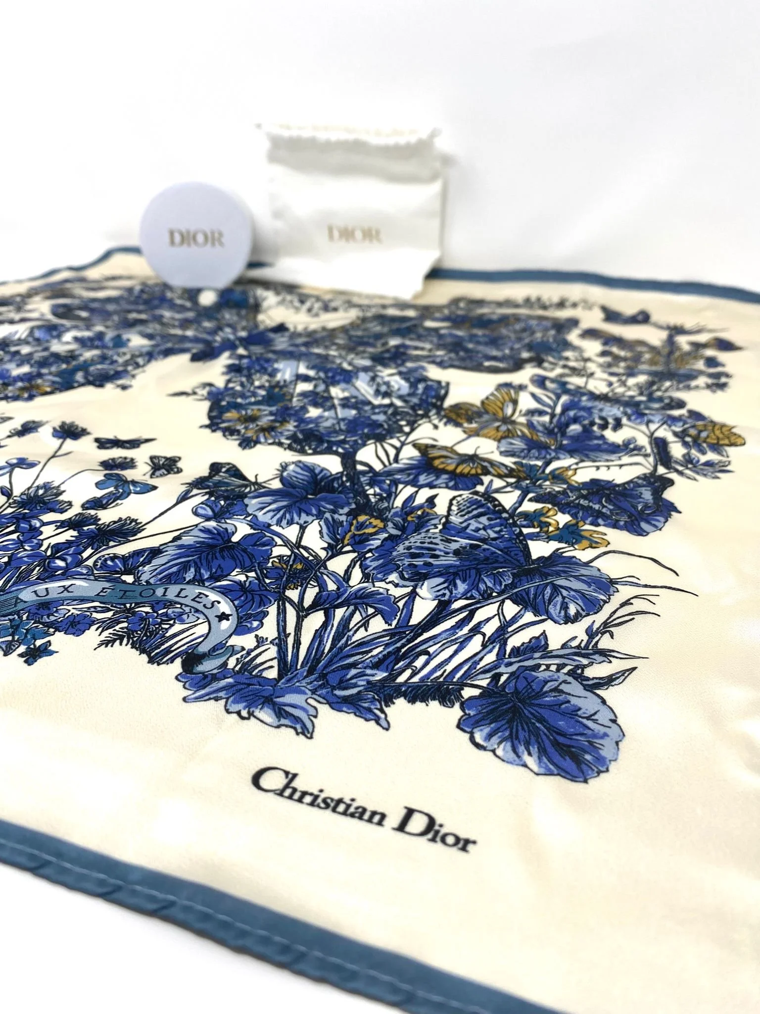 Christian Dior Beauty Blue Butterfly Square 100% Silk Scarf (VIP Gift) Made in Italy