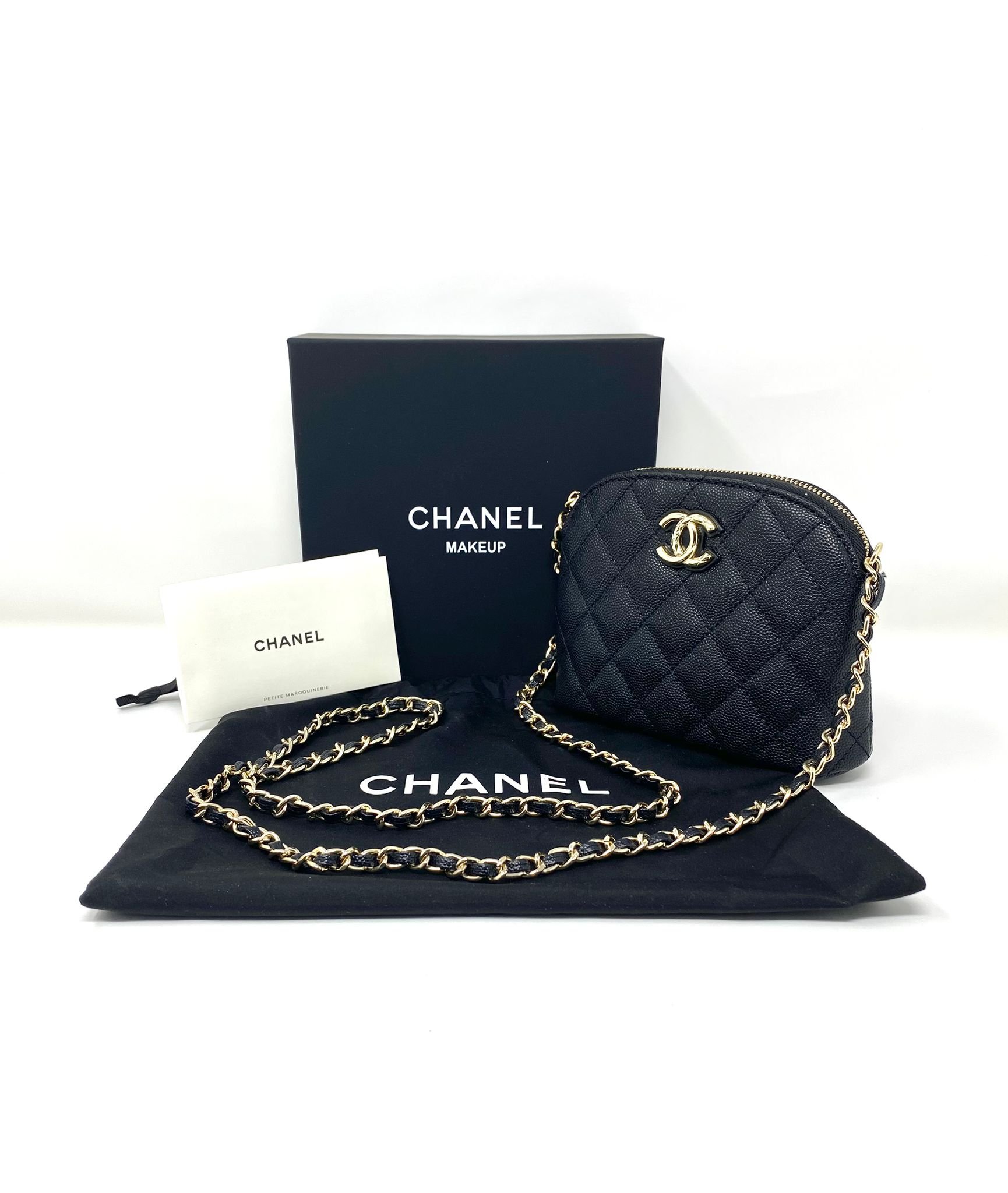 CHANEL Beauty Black Matelasse Quilted Caviar Makeup Bag on Chain (VIP Gift/Box) Made in Italy