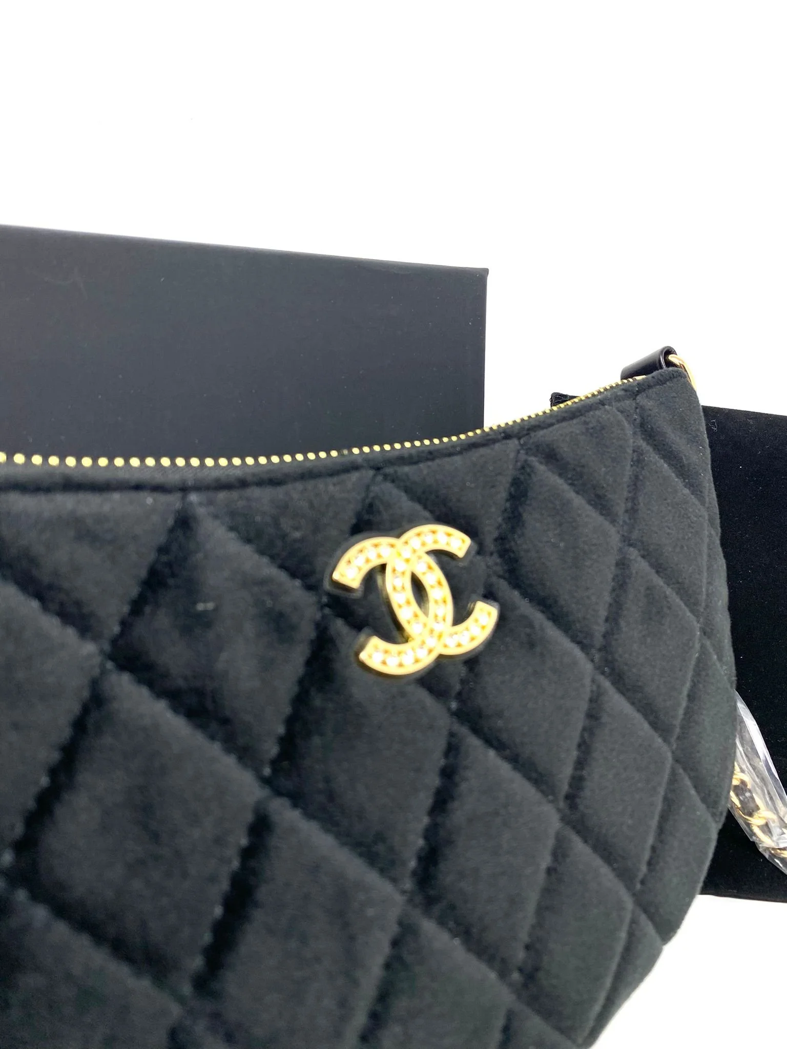 CHANEL Black Velvet Quilted Beauty Makeup Bag on Chain (VIP Gift with Box) Made in Italy