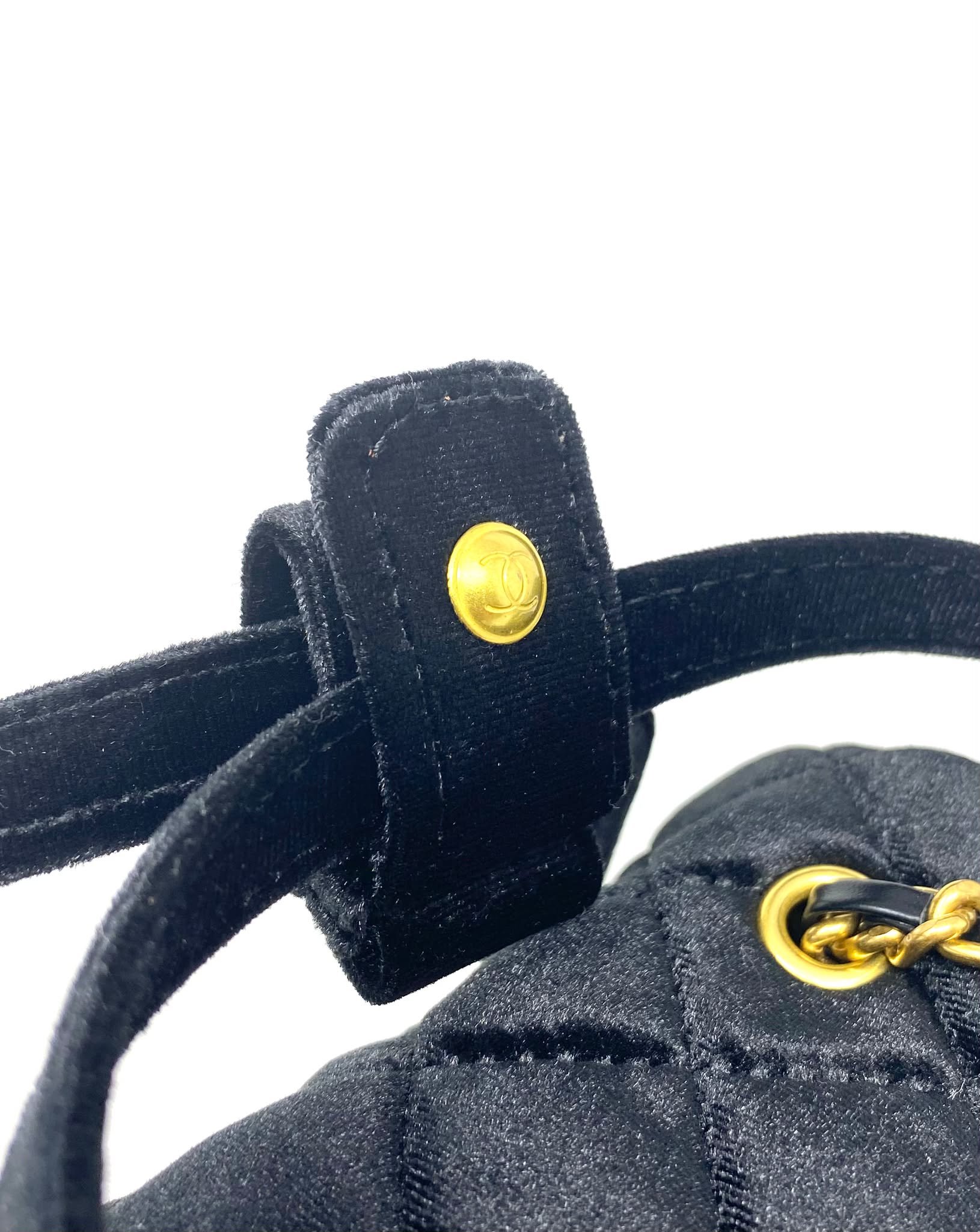 CHANEL Beauty Black Velvet Matelassé Quilted Cylinder Bag on Chain with Box (VIP Gift) Made in Italy