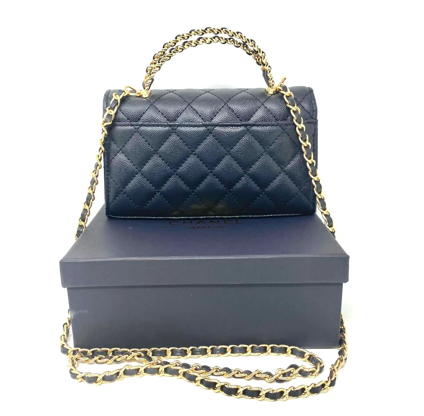 CHANEL Beauty Black Quilted Makeup Bag with Chain (VIP Gift/Box) Made in Italy