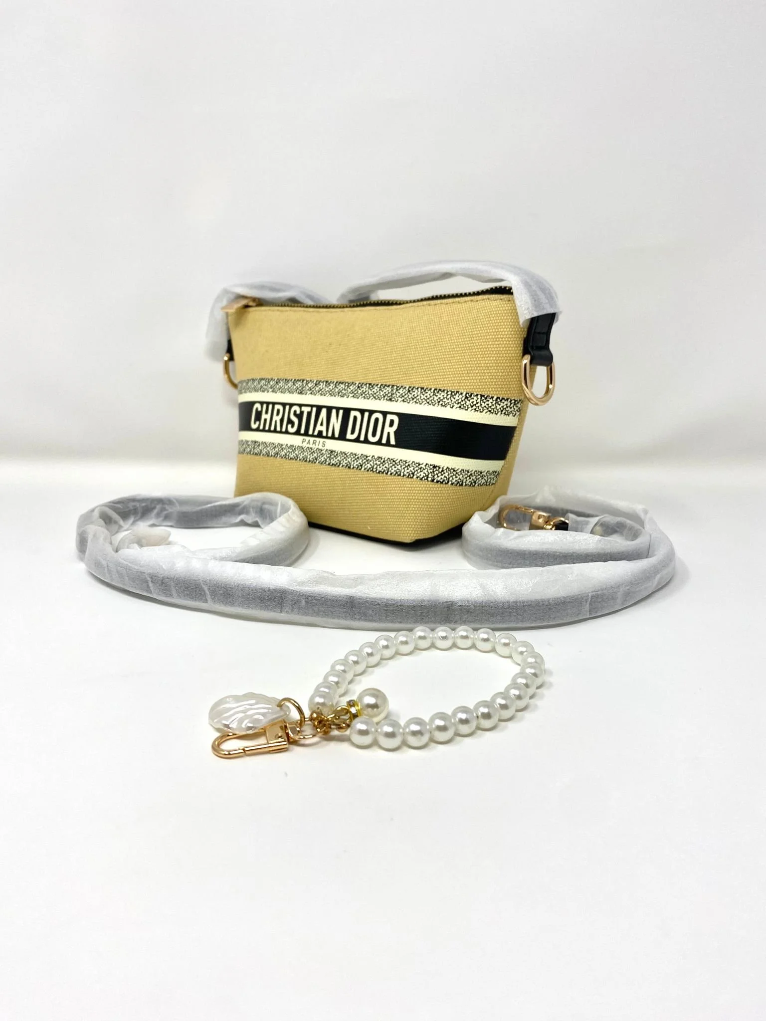 Dior Beauty Beige Canvas Makeup Bag Handbag Crossbody on Chain (VIP Gift)