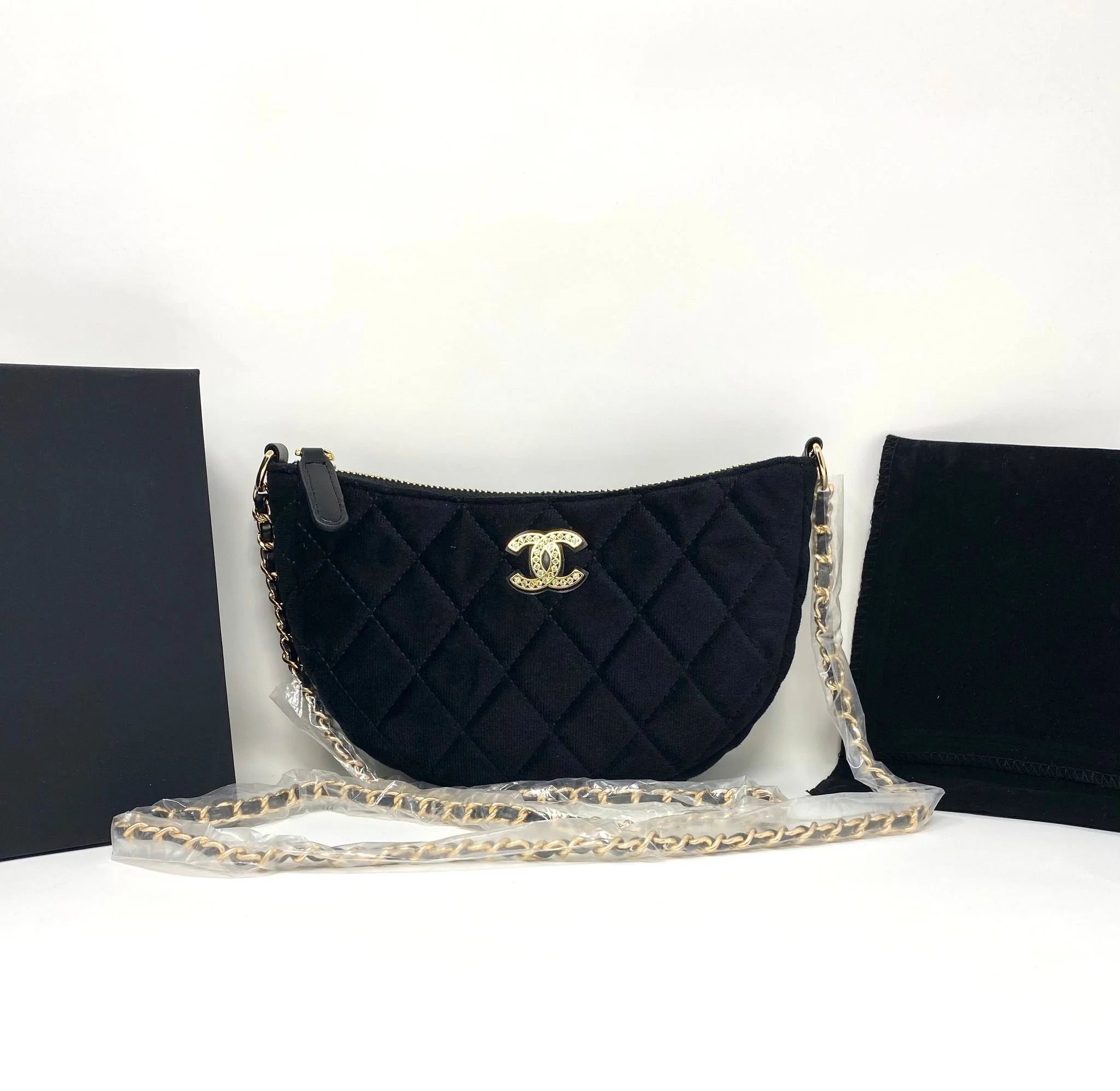 CHANEL Black Velvet Quilted Beauty Makeup Bag on Chain (VIP Gift with Box) Made in Italy