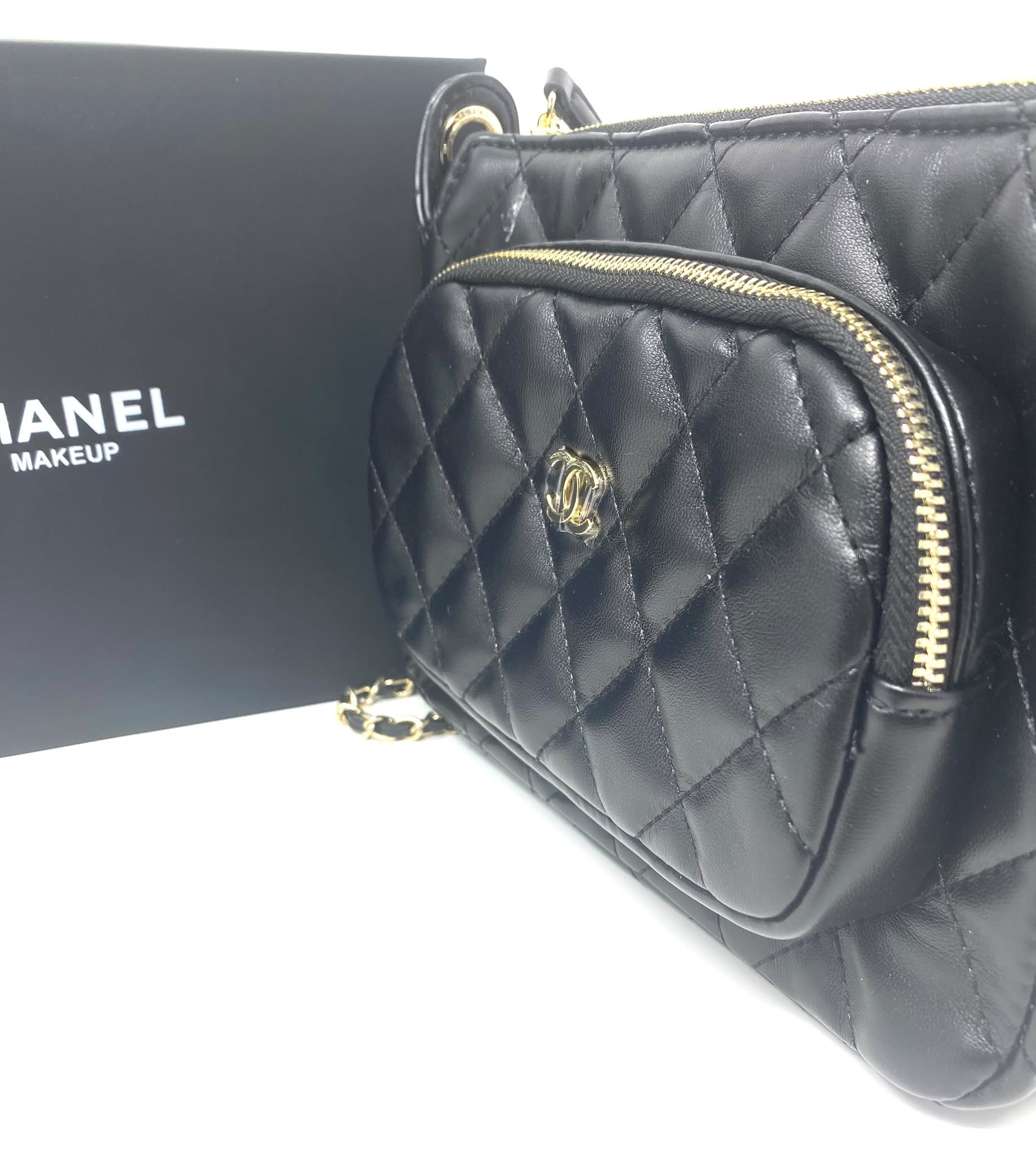 CHANEL Beauty Black Matelassé Quilted Makeup Bag on Chain with Box (VIP Gift) Made in France