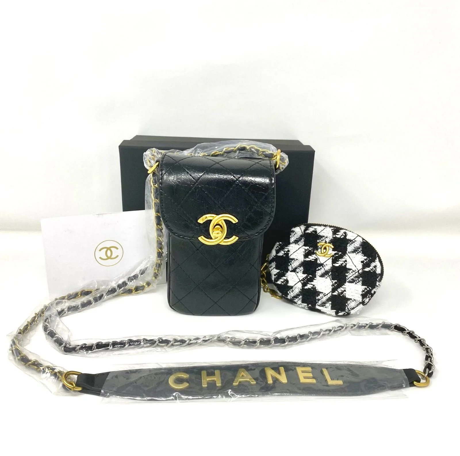 CHANEL Beauty Black Wax Leather-Like Makeup Bag on Chain + Tweed Pouch Set (VIP Gift)  Phone Bag and Purse With Logo Box