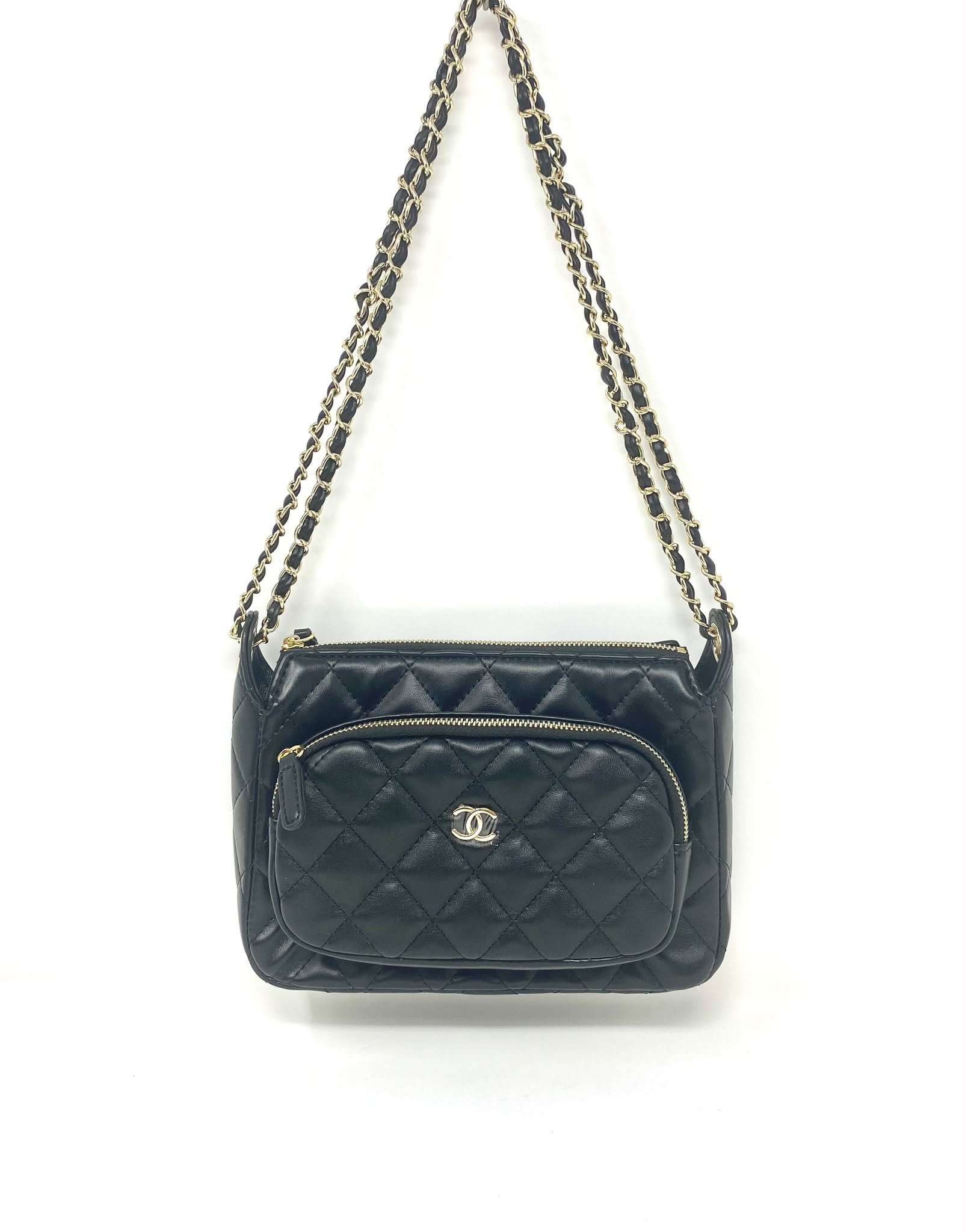 CHANEL Beauty Black Matelassé Quilted Makeup Bag on Chain with Box (VIP Gift) Made in France