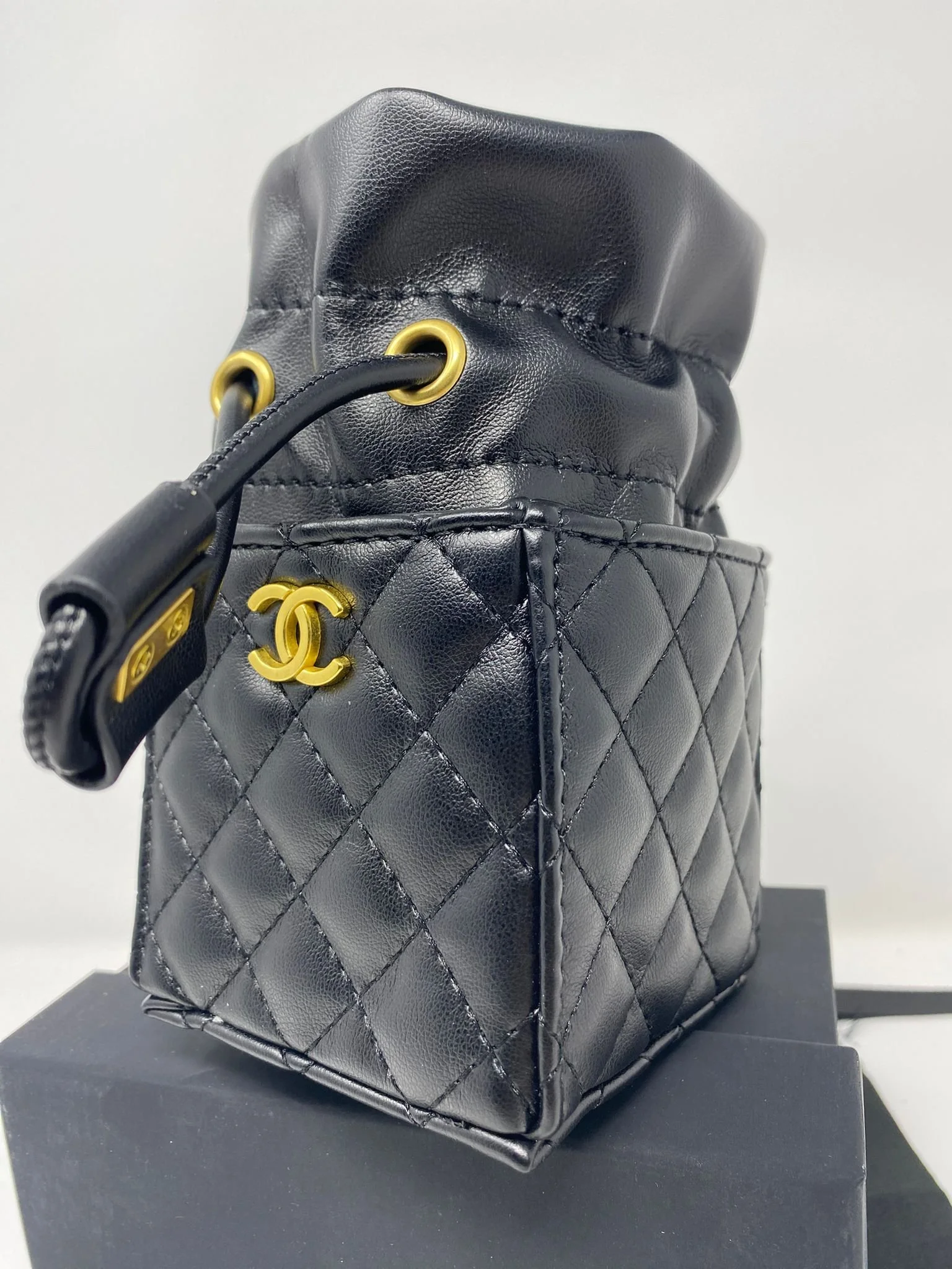CHANEL Black Matelassé Quilted Mini Makeup Bag on Chain – (VIP Gift with Box) Made in Italy, Beauty Pouch