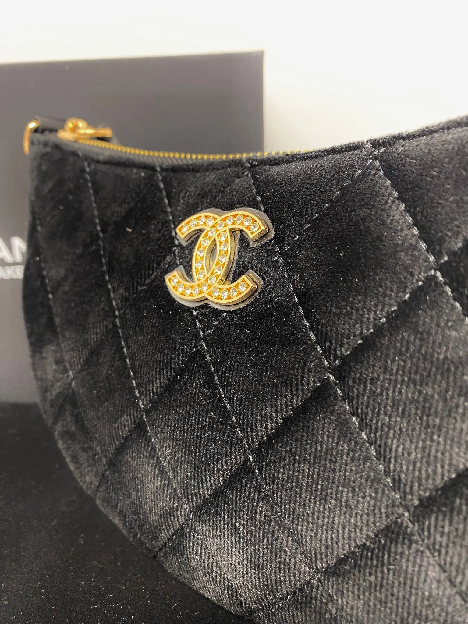 CHANEL Black Velvet Quilted Beauty Makeup Bag on Chain (VIP Gift with Box) Made in Italy