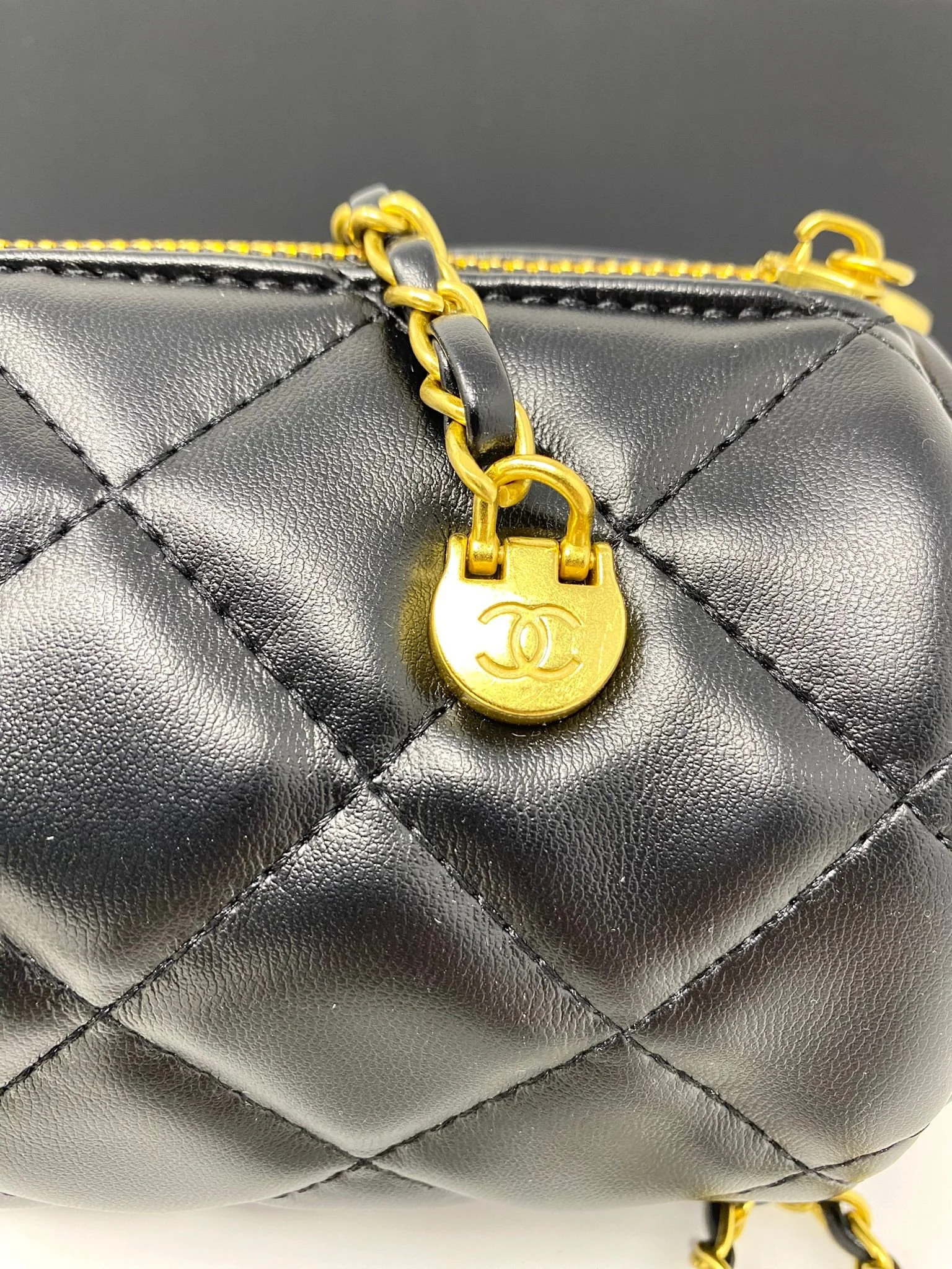CHANEL Beauty Mini Quilted Cylinder Bag Black Gold Chain Pearl Strap  (VIP Gift) Made in France