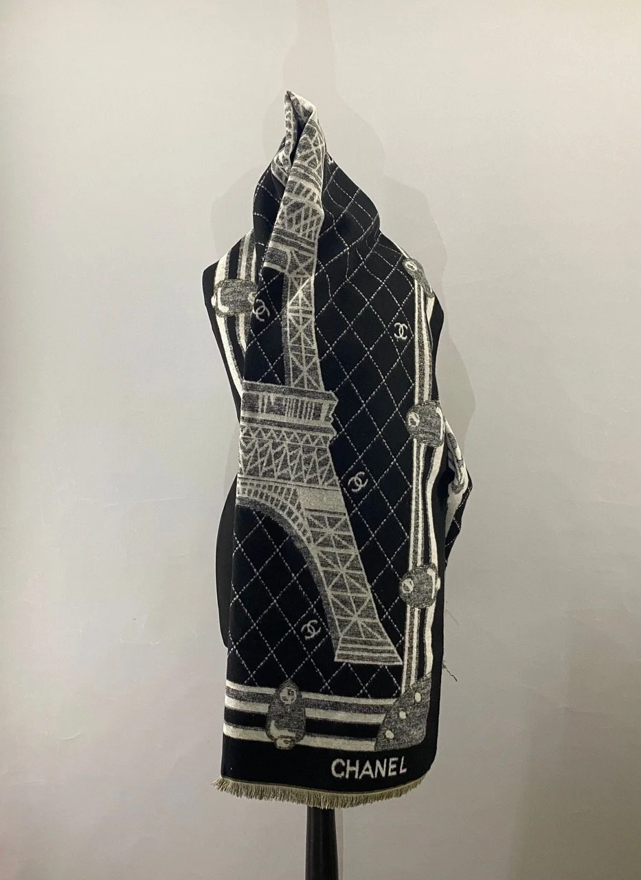 Large CHANEL Beauty Black & Ivory Cashmere Silk Scarf Made in France – Eiffel Tower_CC Logo, New with Tag_Box (VIP Gift) 65cm x 195cm