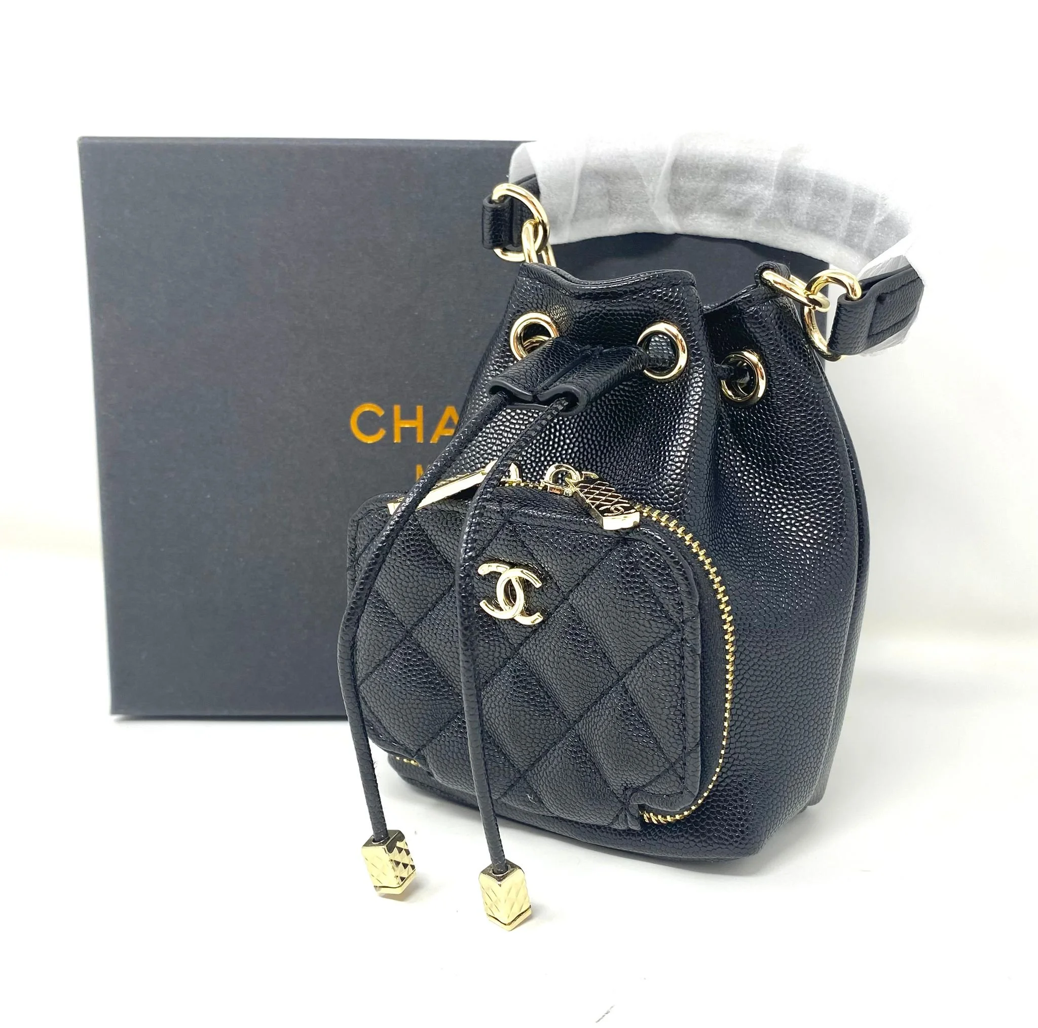 CHANEL Beauty Black Mini Bucket Makeup Bag with Purse Pocket on Chain, VIP Gift with Box, Made in Italy