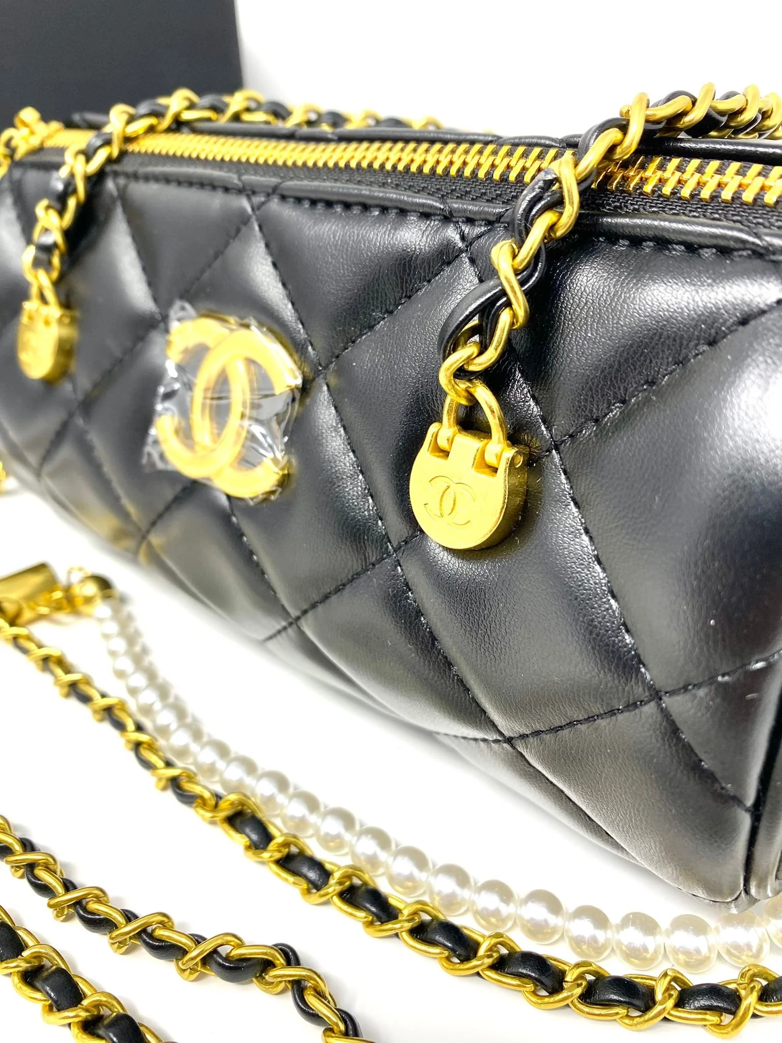 CHANEL Beauty Mini Quilted Cylinder Bag Black Gold Chain Pearl Strap  (VIP Gift) Made in France