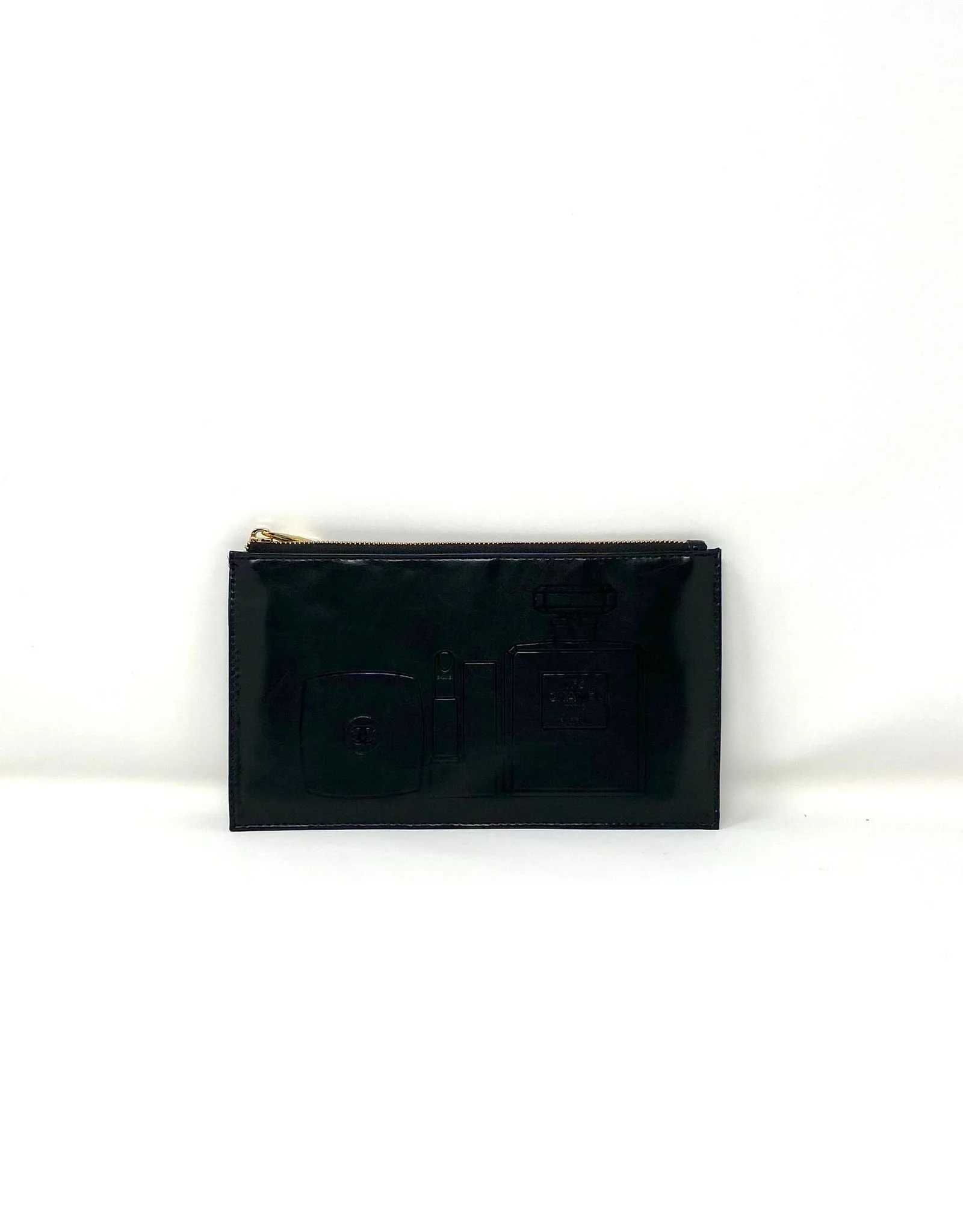 CHANEL Black Beauty Makeup Bag – Limited Edition VIP Gift (with Box), CC Logo Zip, Embossed beauty icons