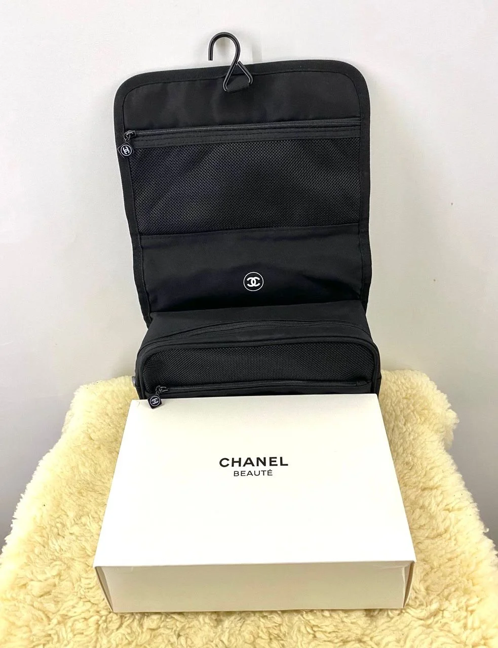 CHANEL Large Black Hanging Makeup Case w/ Box (VIP Gift) Logo Travel Beauty Bag