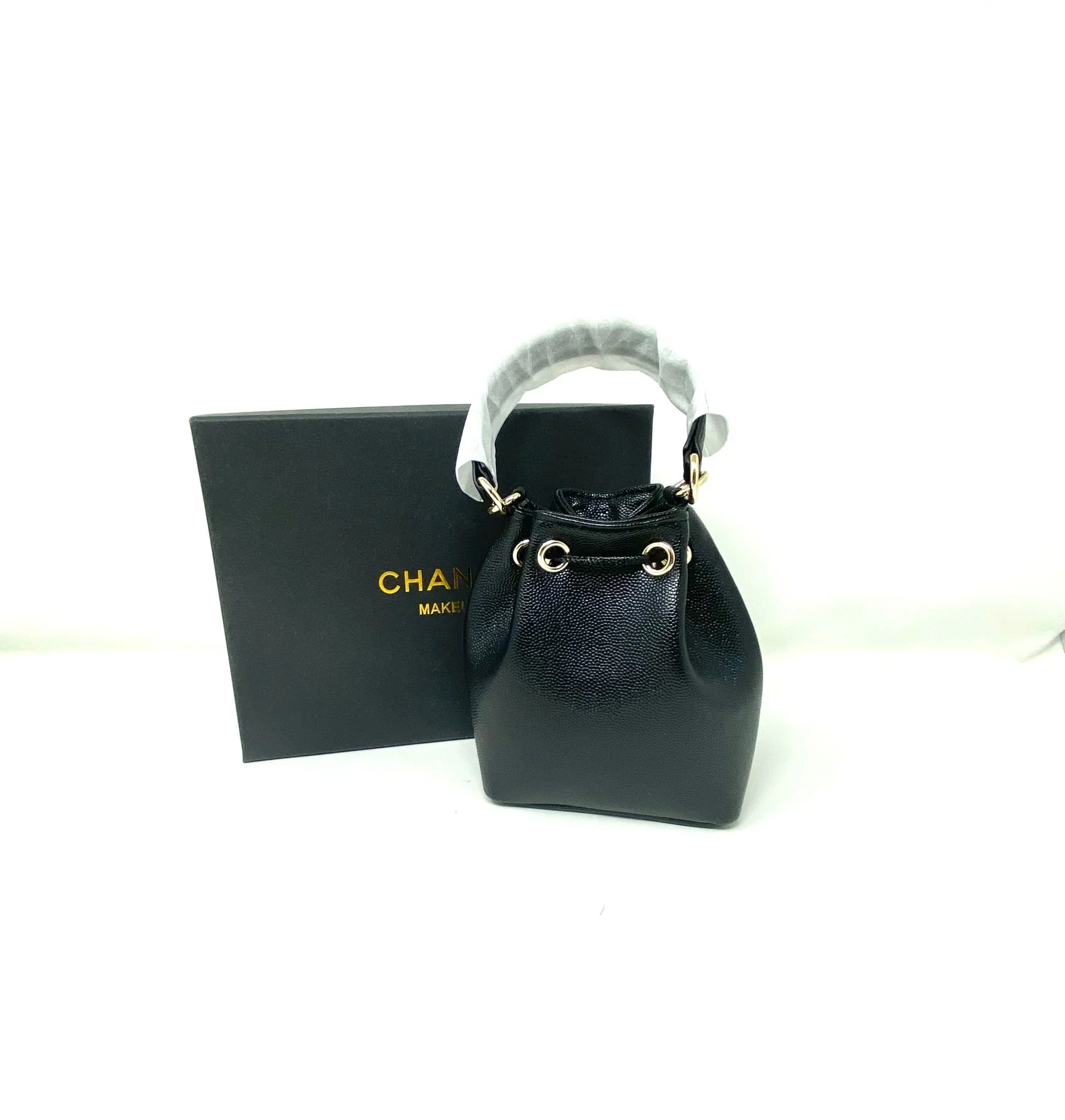 CHANEL Beauty Black Mini Bucket Makeup Bag with Purse Pocket on Chain, VIP Gift with Box, Made in Italy