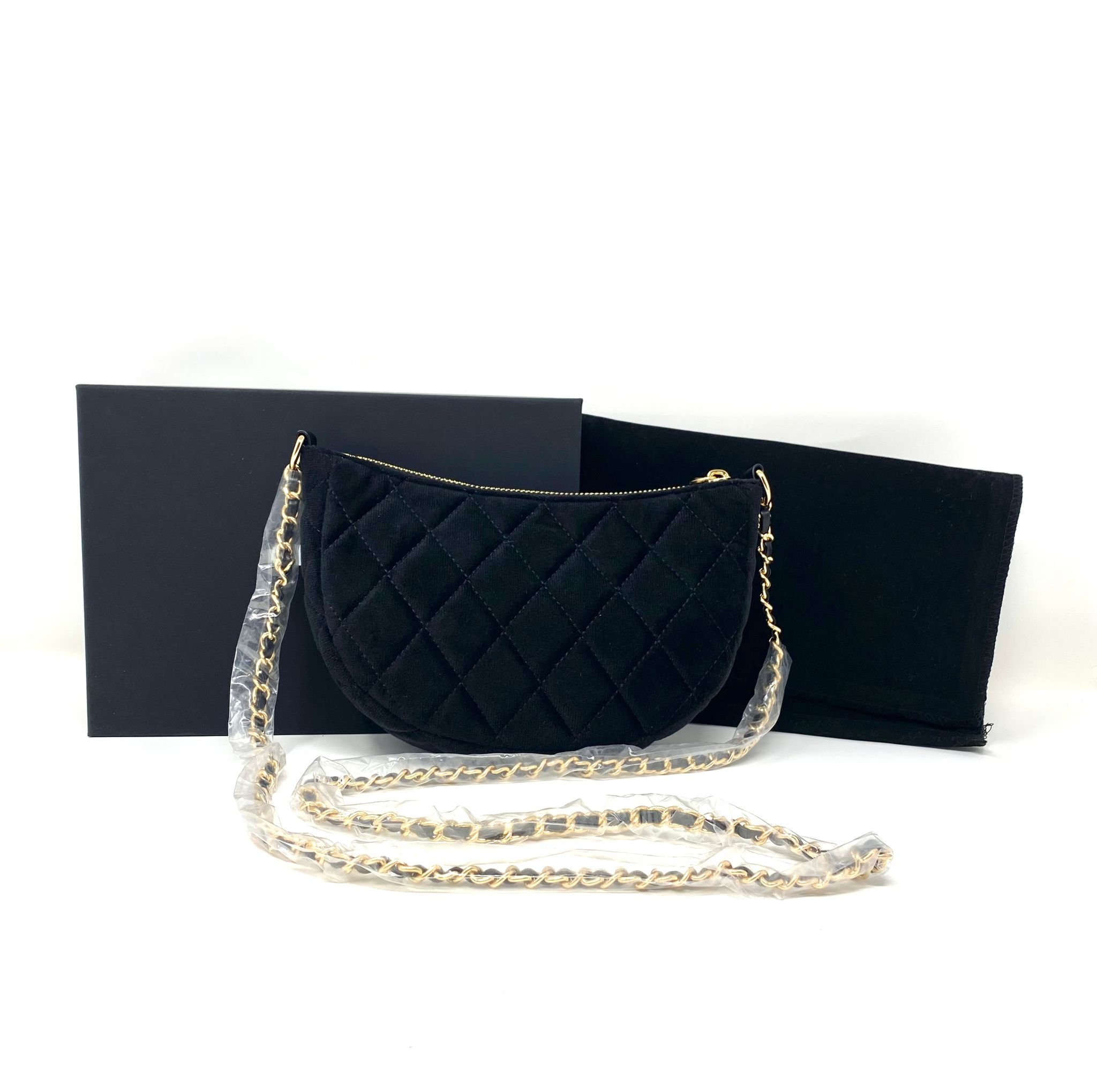CHANEL Black Velvet Quilted Beauty Makeup Bag on Chain (VIP Gift with Box) Made in Italy