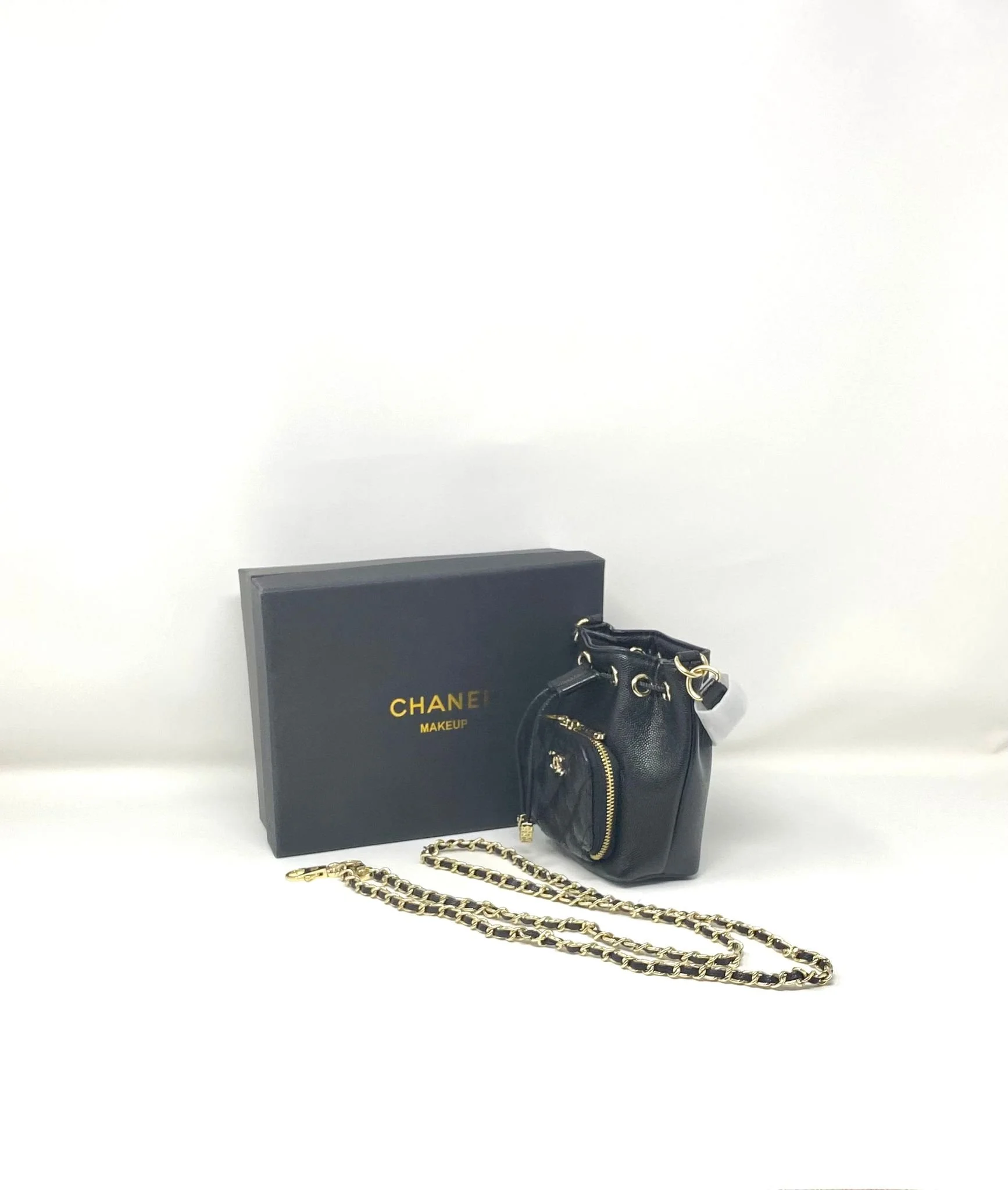 CHANEL Beauty Black Mini Bucket Makeup Bag with Purse Pocket on Chain, VIP Gift with Box, Made in Italy