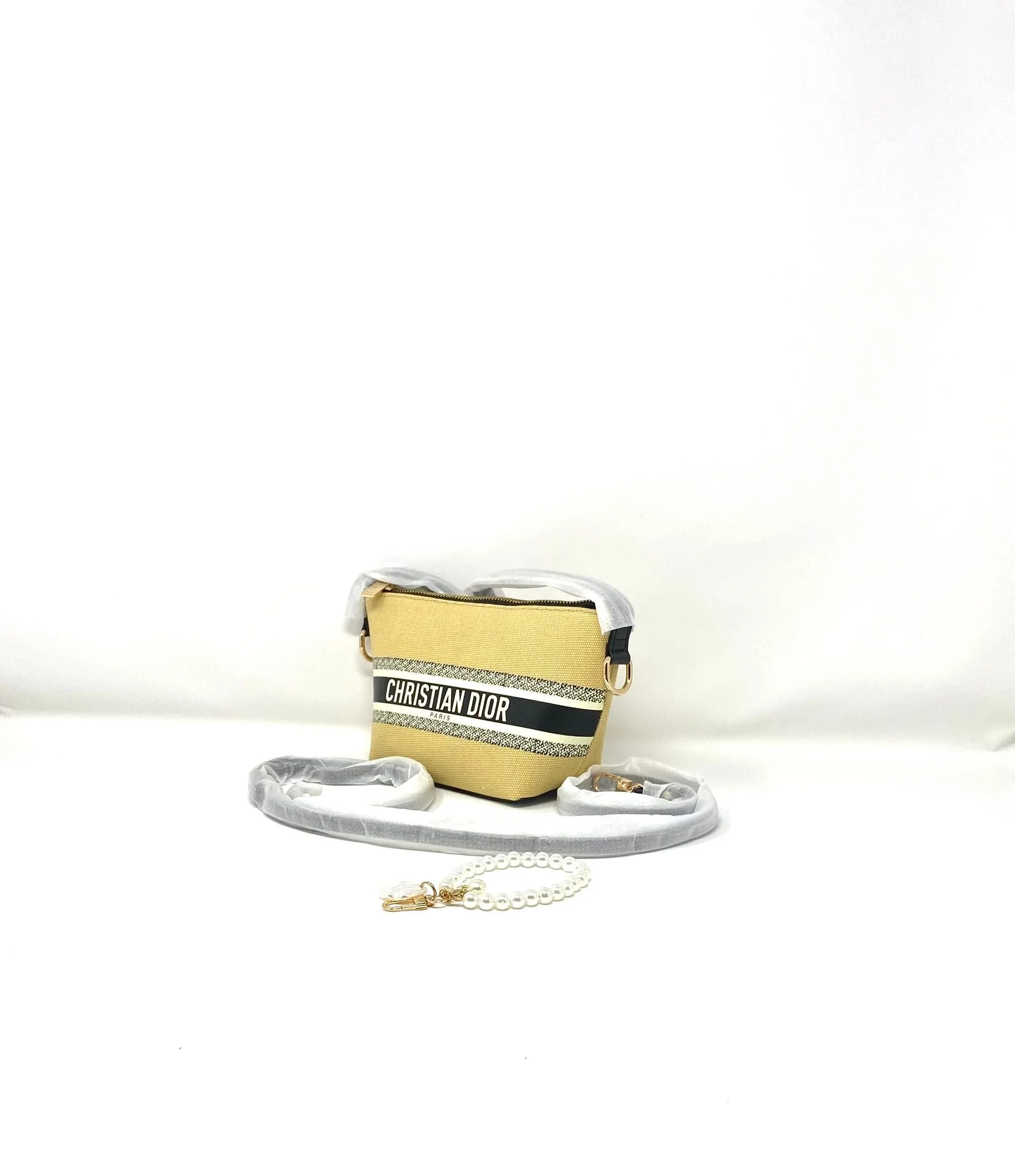 Dior Beauty Beige Canvas Makeup Bag Handbag Crossbody on Chain (VIP Gift)