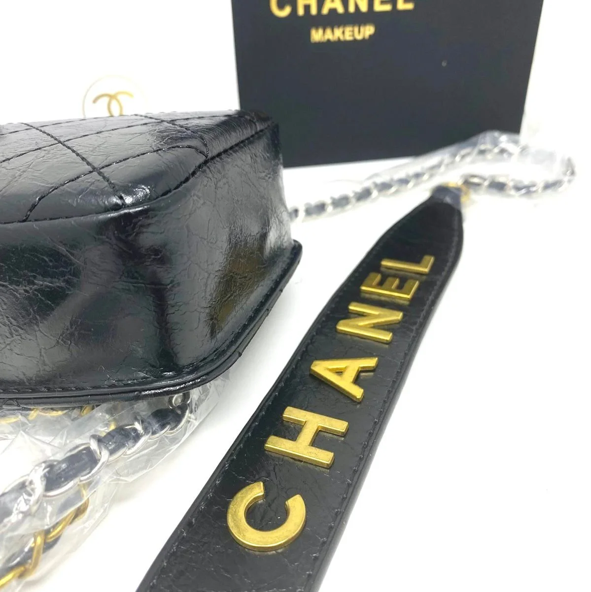 CHANEL Beauty Black Wax Leather-Like Makeup Bag on Chain + Tweed Pouch Set (VIP Gift)  Phone Bag and Purse With Logo Box