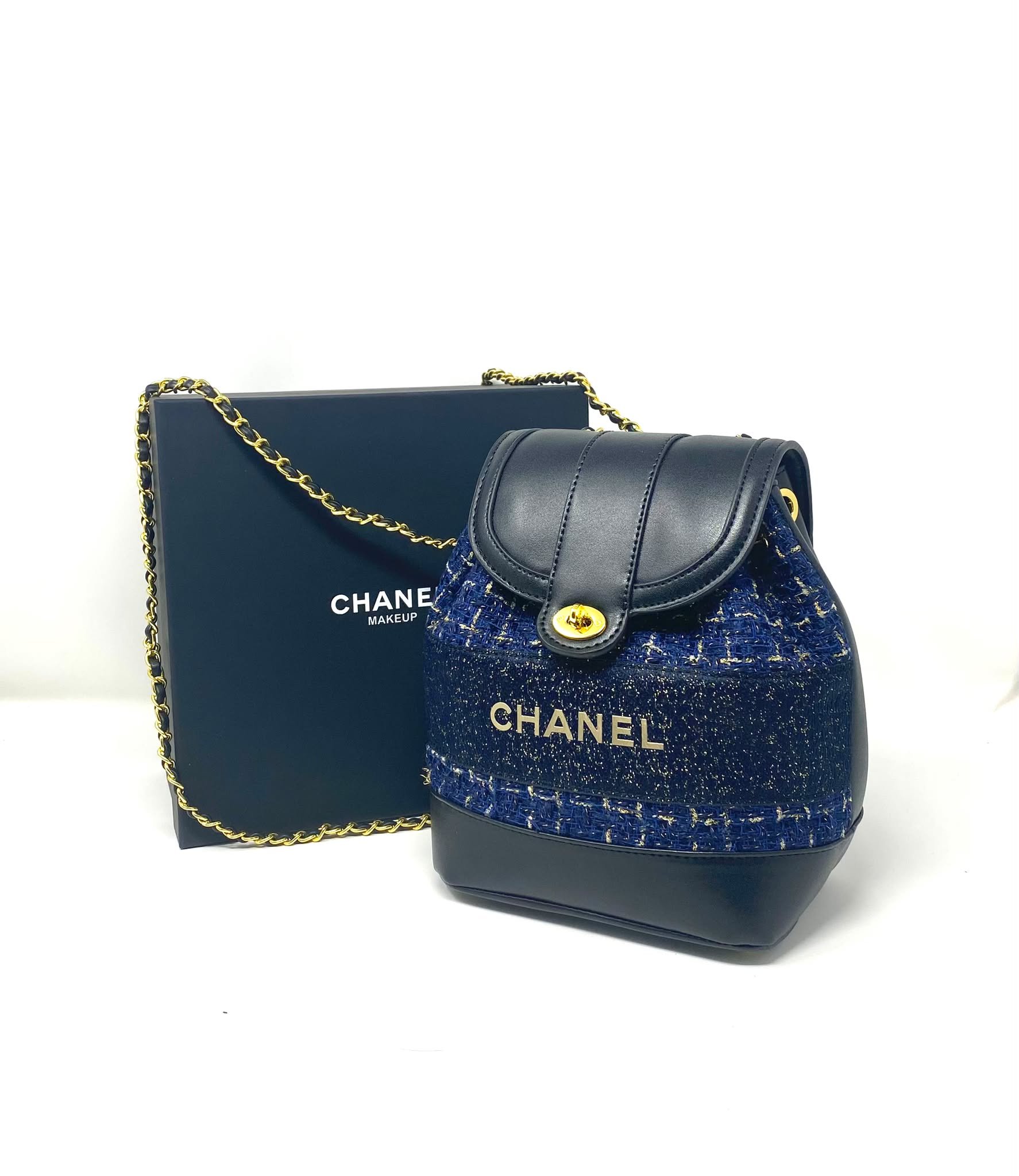 CHANEL Beauty Blue Tweed Drawstring Backpack / Bucket Bag with Gold-Tone Chain (VIP Gift with Box)