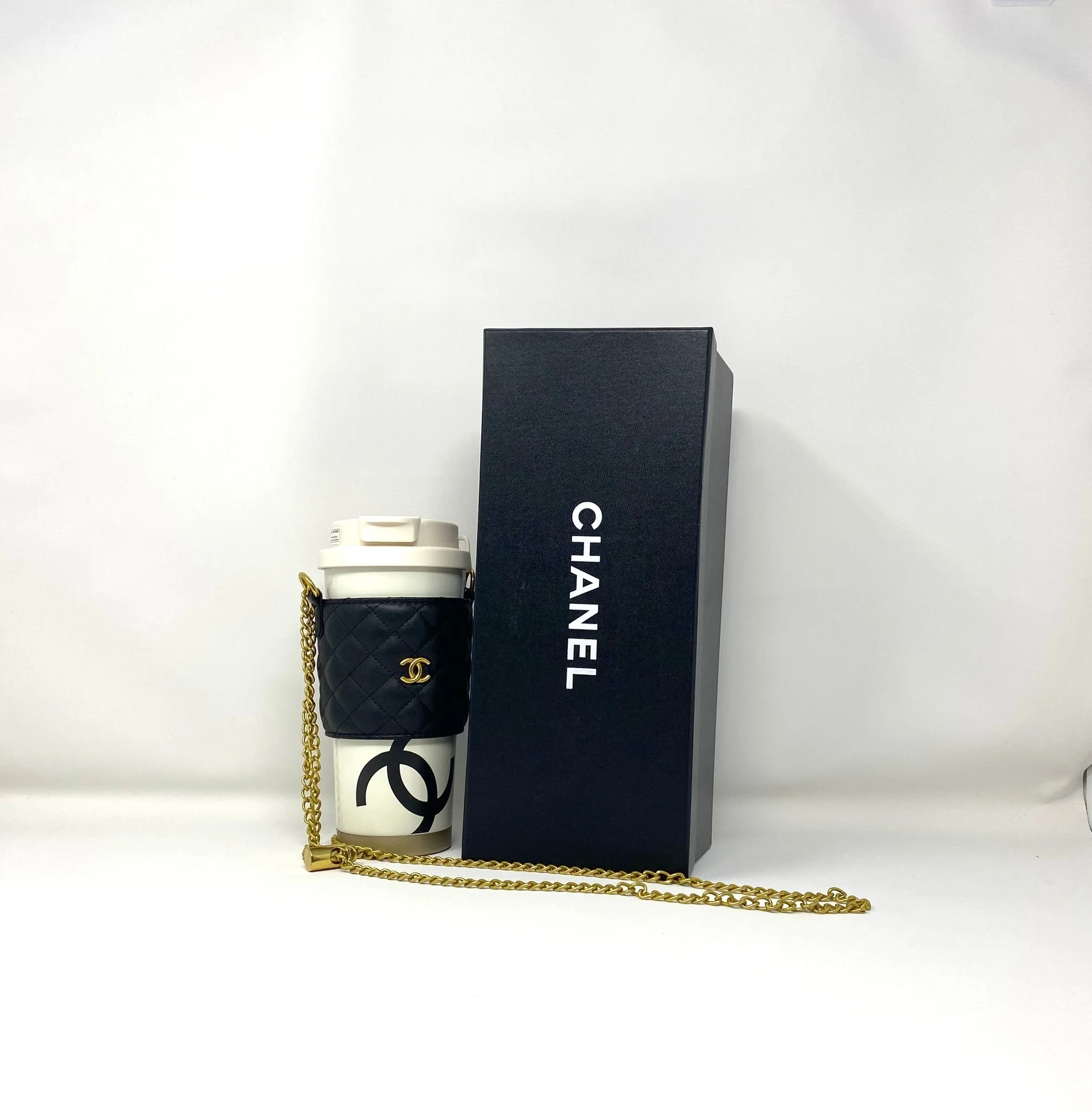 CHANEL Beauty White Thermal Mug & Holder Set with Chain Black Quilted (VIP Gift) with Box