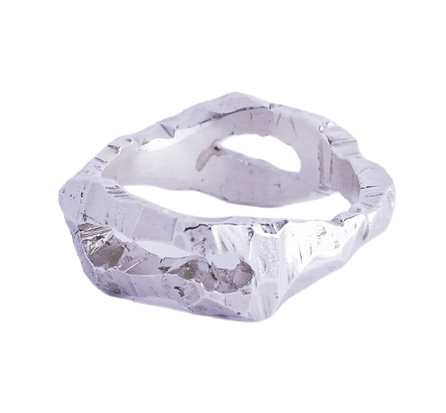 A silver metallic ring with a textured surface. Casted from hand carved wax ring.