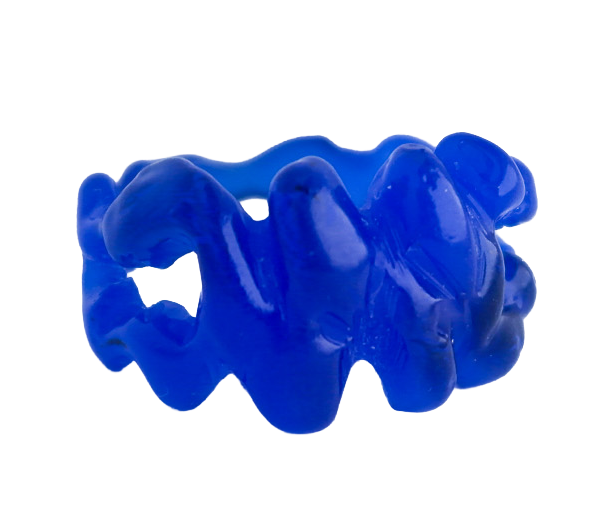 A blue 3D-printed or sculpted object with an abstract, irregular shape.