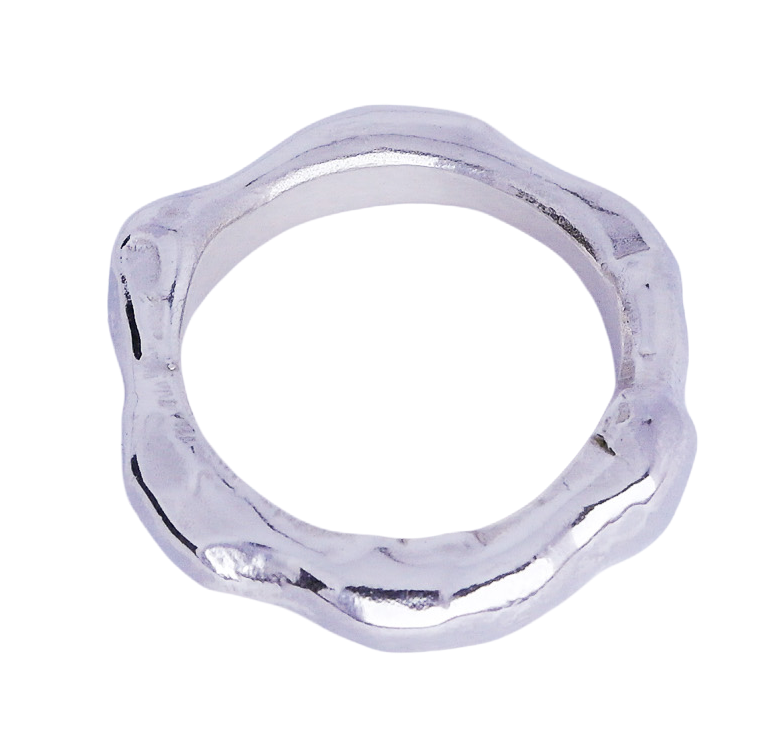 Close-up image of a silver ring with an uneven, rough texture, likely made of metal.