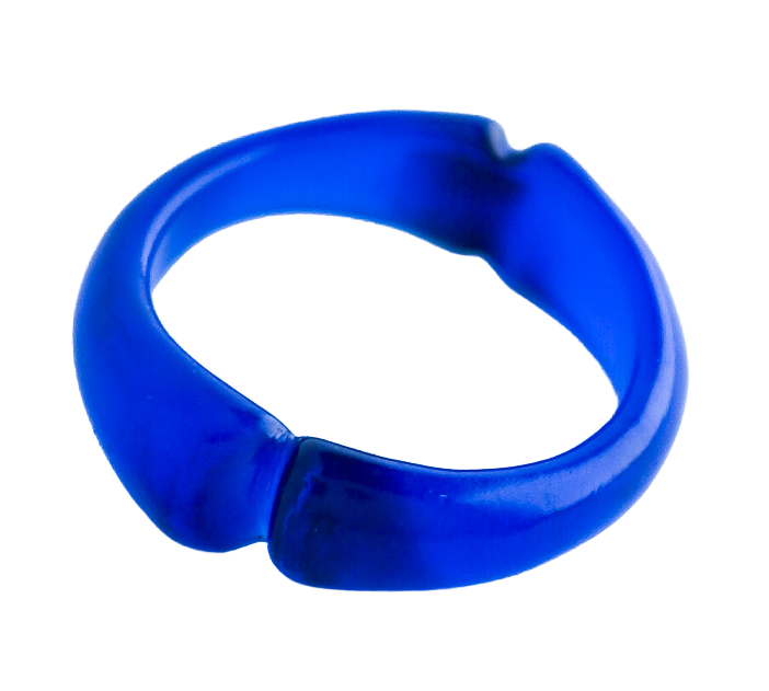 A blue, irregularly shaped wax ring with holes and a glossy surface.