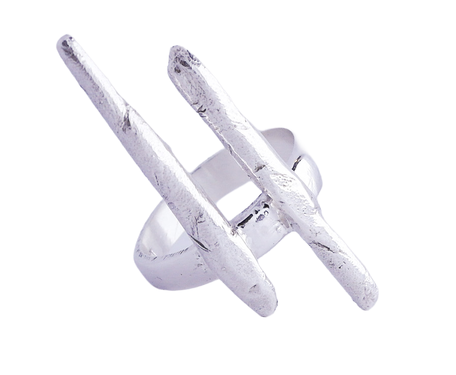 Silver ring with an abstract design resembling two intersecting metal bars.